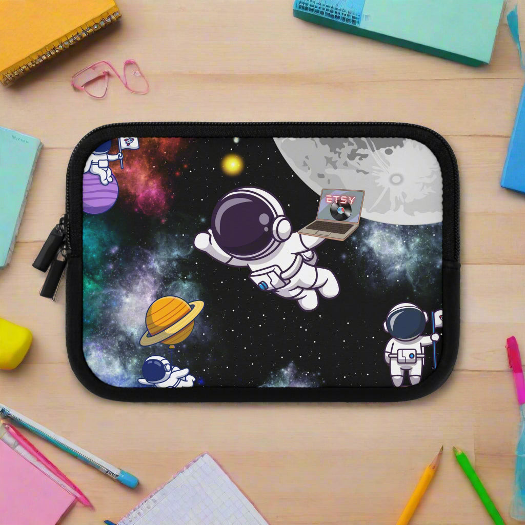 Space-themed pouch with astronauts and planets on a white background