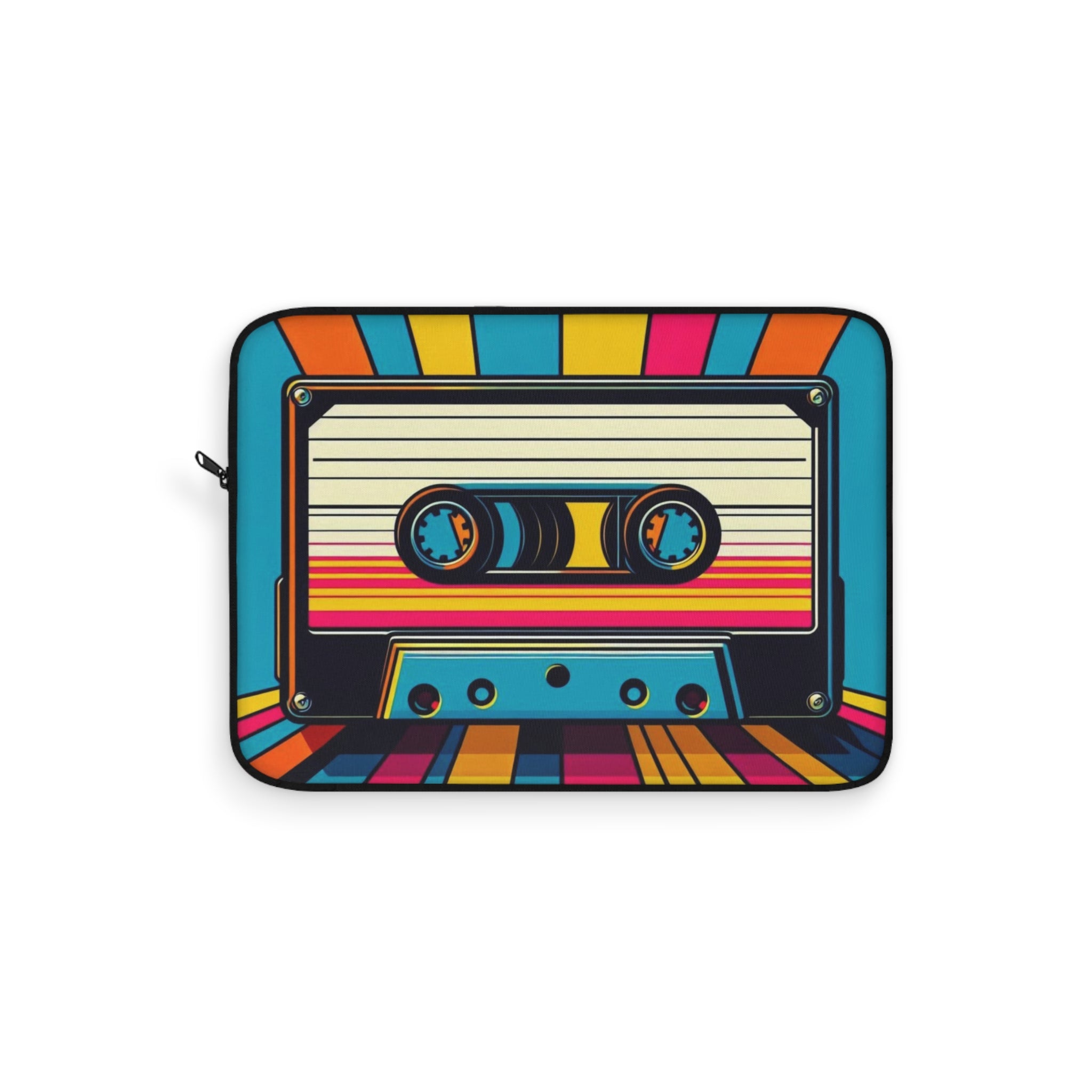 Laptop sleeve with a colorful cassette tape design on a white background