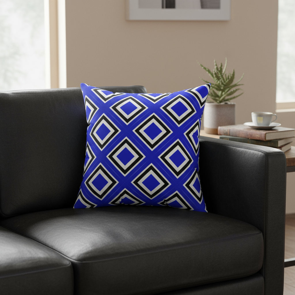Blue pillow with geometric pattern on a white background