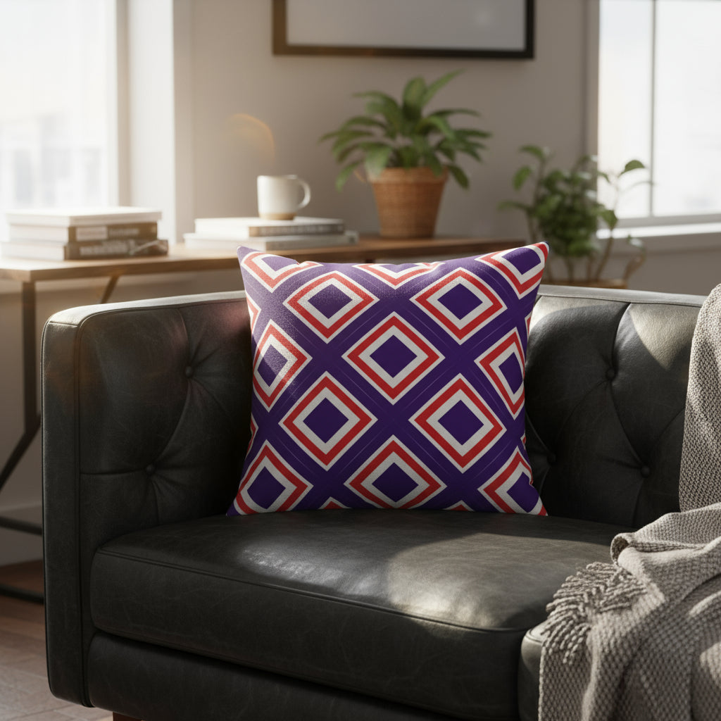 Decorative pillow with red and blue geometric pattern on a white background