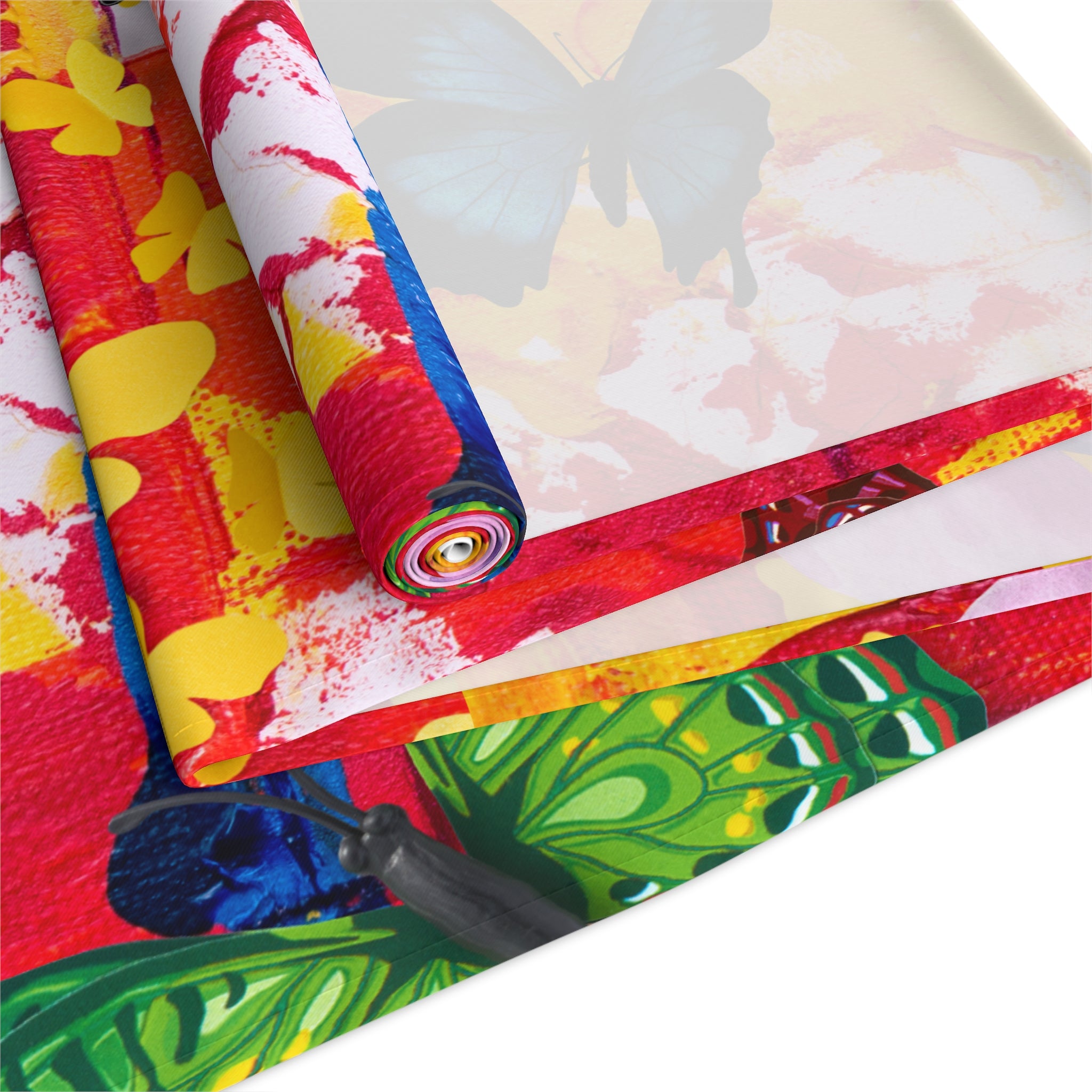 Colorful fabric swatches with various patterns on a white background