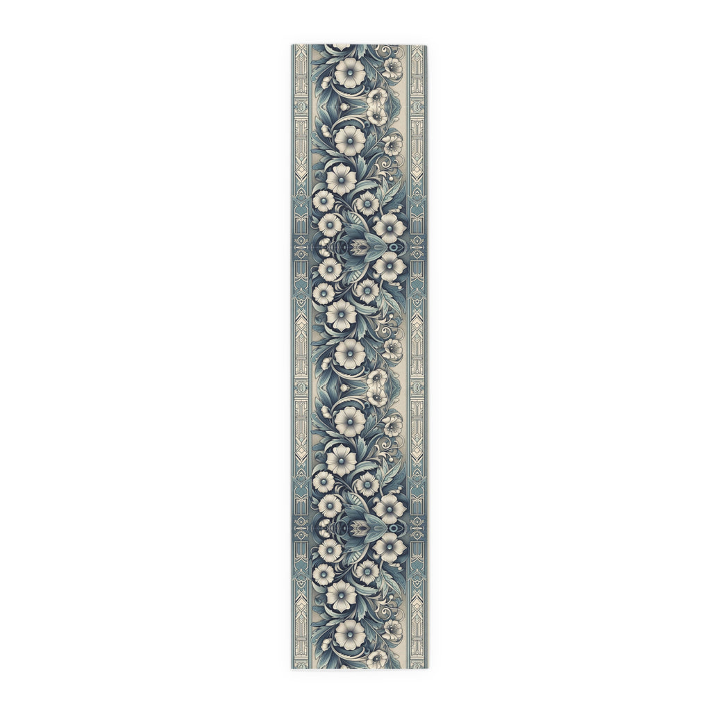 Antique Periwinkle and White Floral Pattern Table Runner- Available in Cotton Twill or Polyester - 16x72 or 16x90 -
