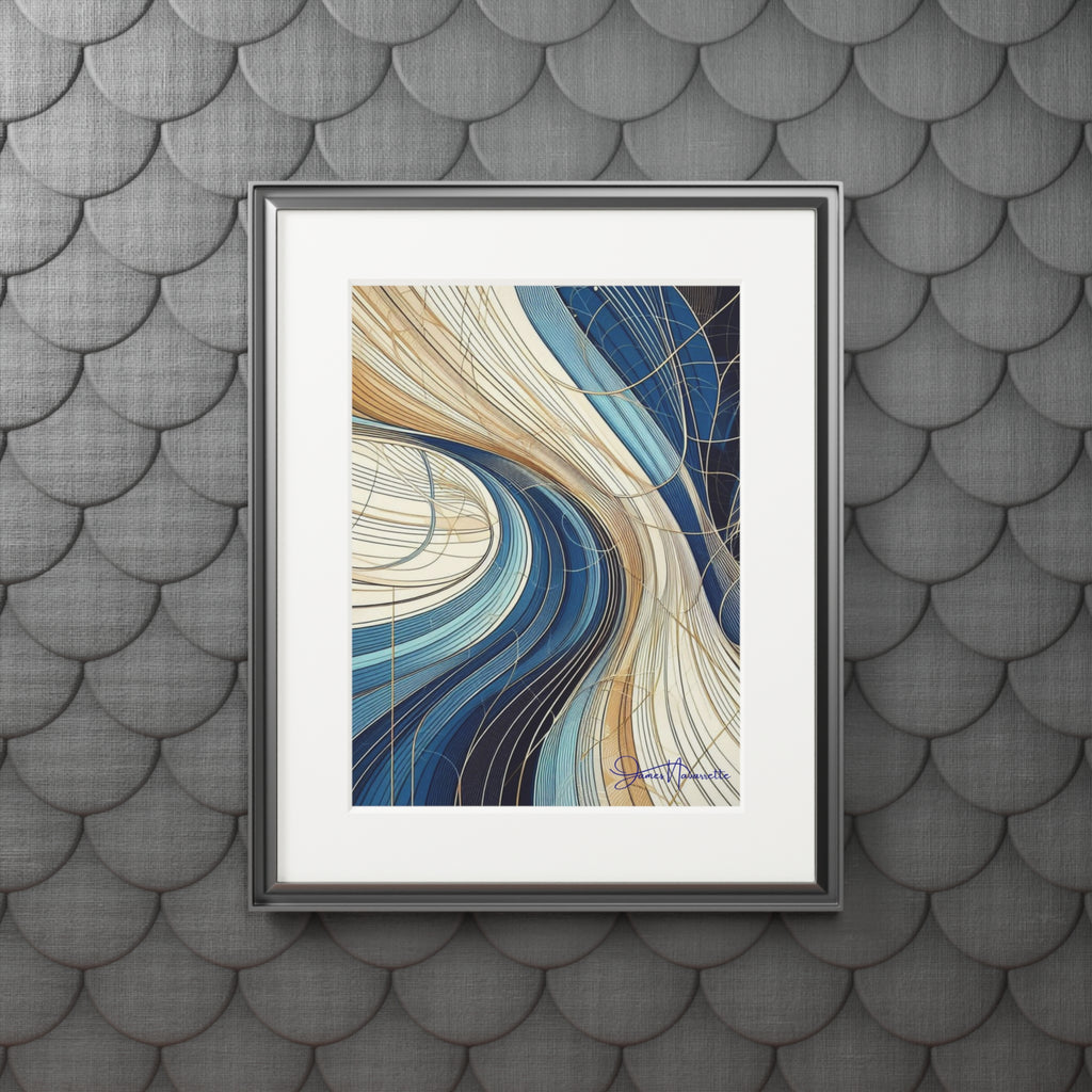 Fine Art Prints- Abstract Waterfall in cobalt, cream and white in Passepartout Paper Frame