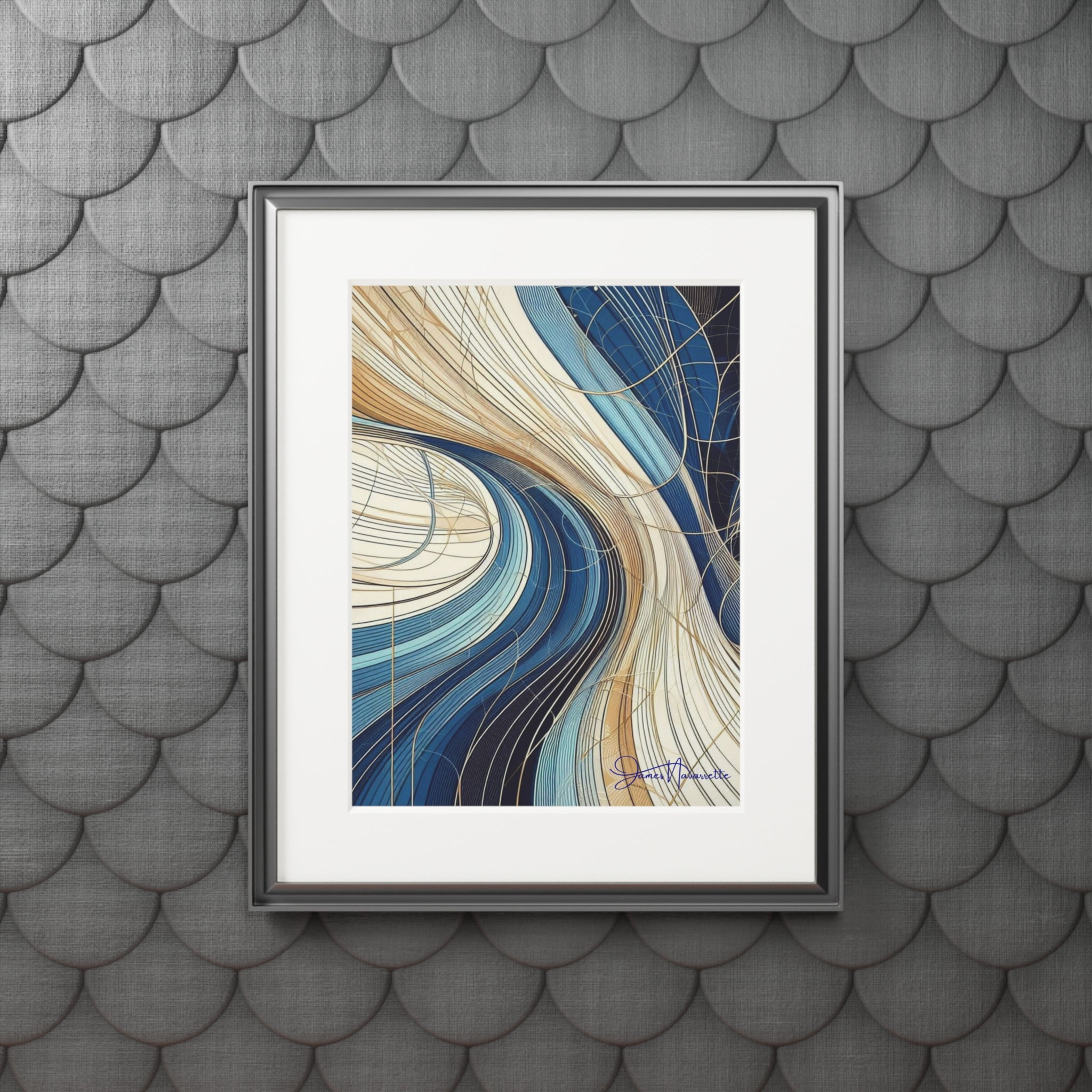 Fine Art Prints- Abstract Waterfall in cobalt, cream and white in Passepartout Paper Frame