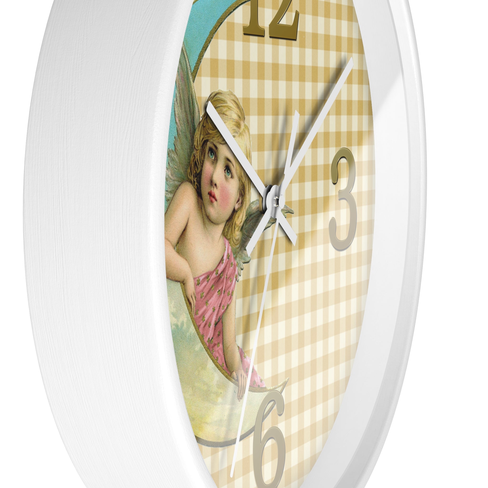 Wall clock with an angel design on a checkered background