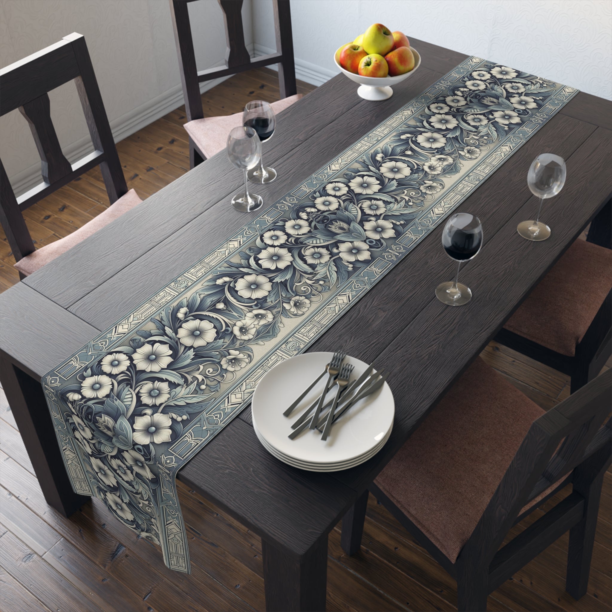Antique Periwinkle and White Floral Pattern Table Runner- Available in Cotton Twill or Polyester - 16x72 or 16x90 -