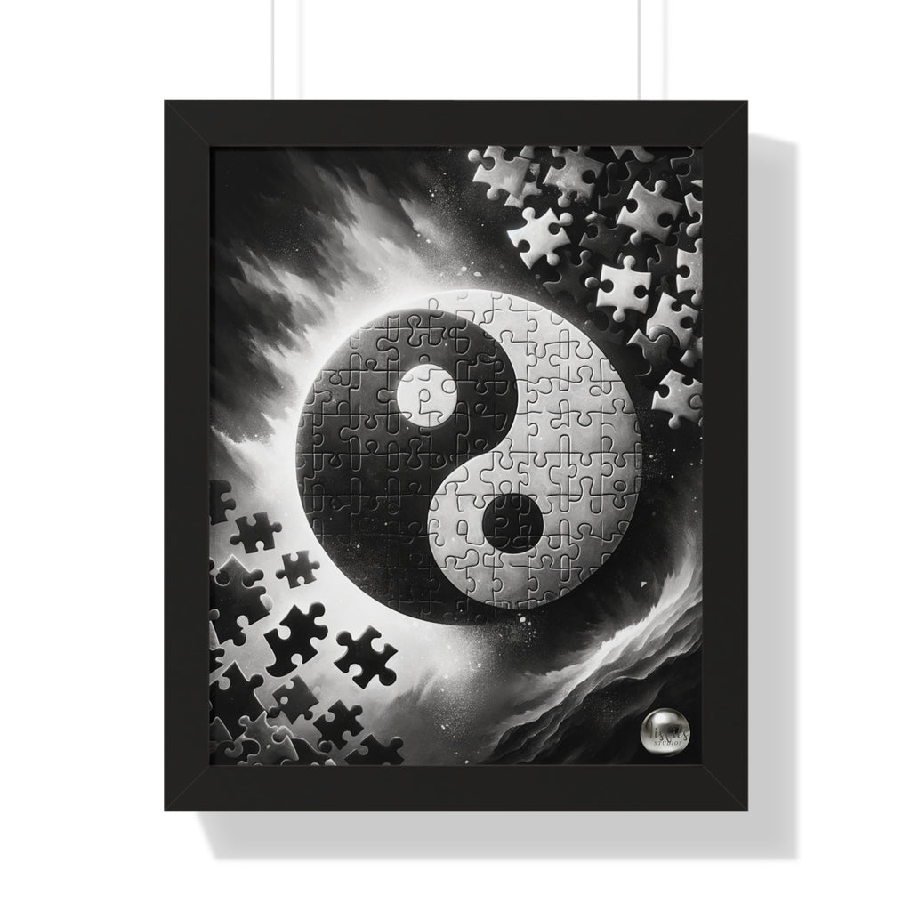 Framed artwork with a yin yang symbol made of puzzle pieces on a white background