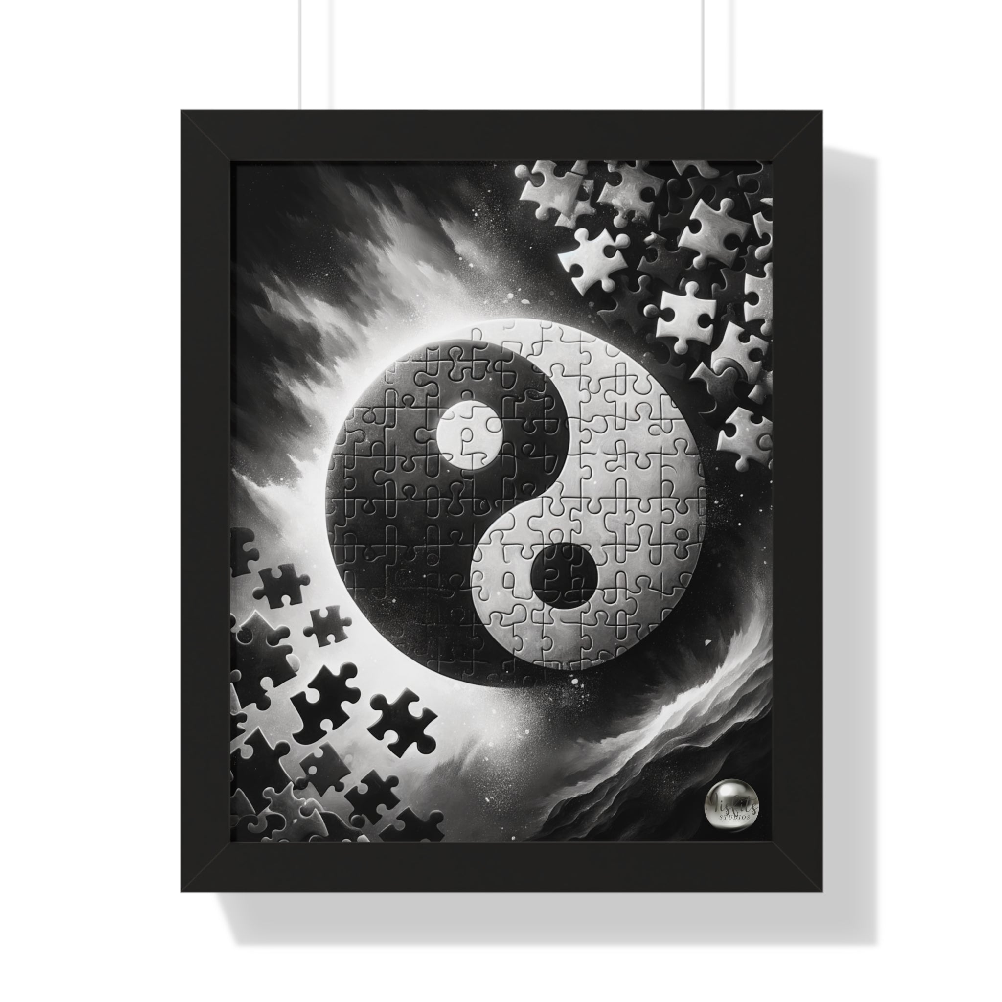 Framed artwork with a yin yang symbol made of puzzle pieces on a white background