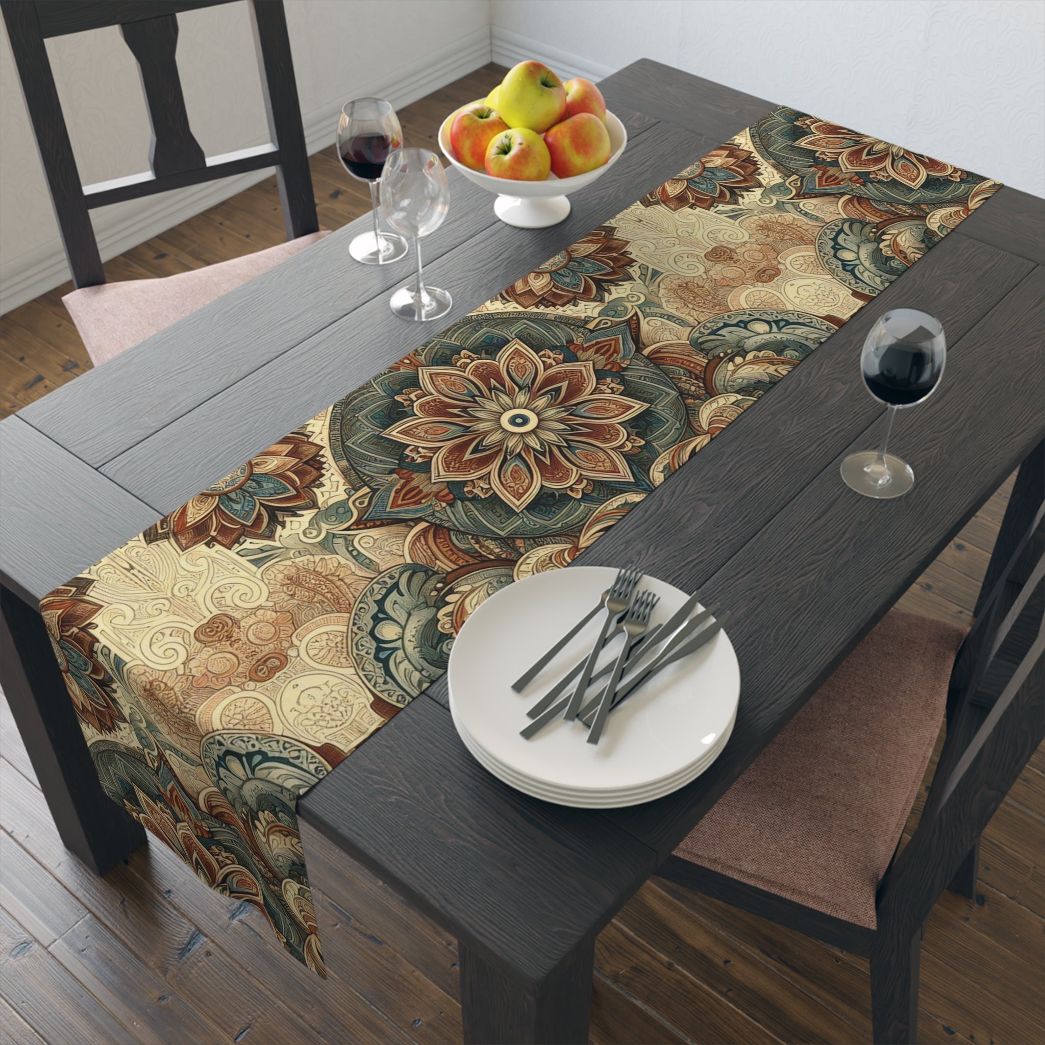 Dining table with a patterned tablecloth, plates, cutlery, and fruit bowl.