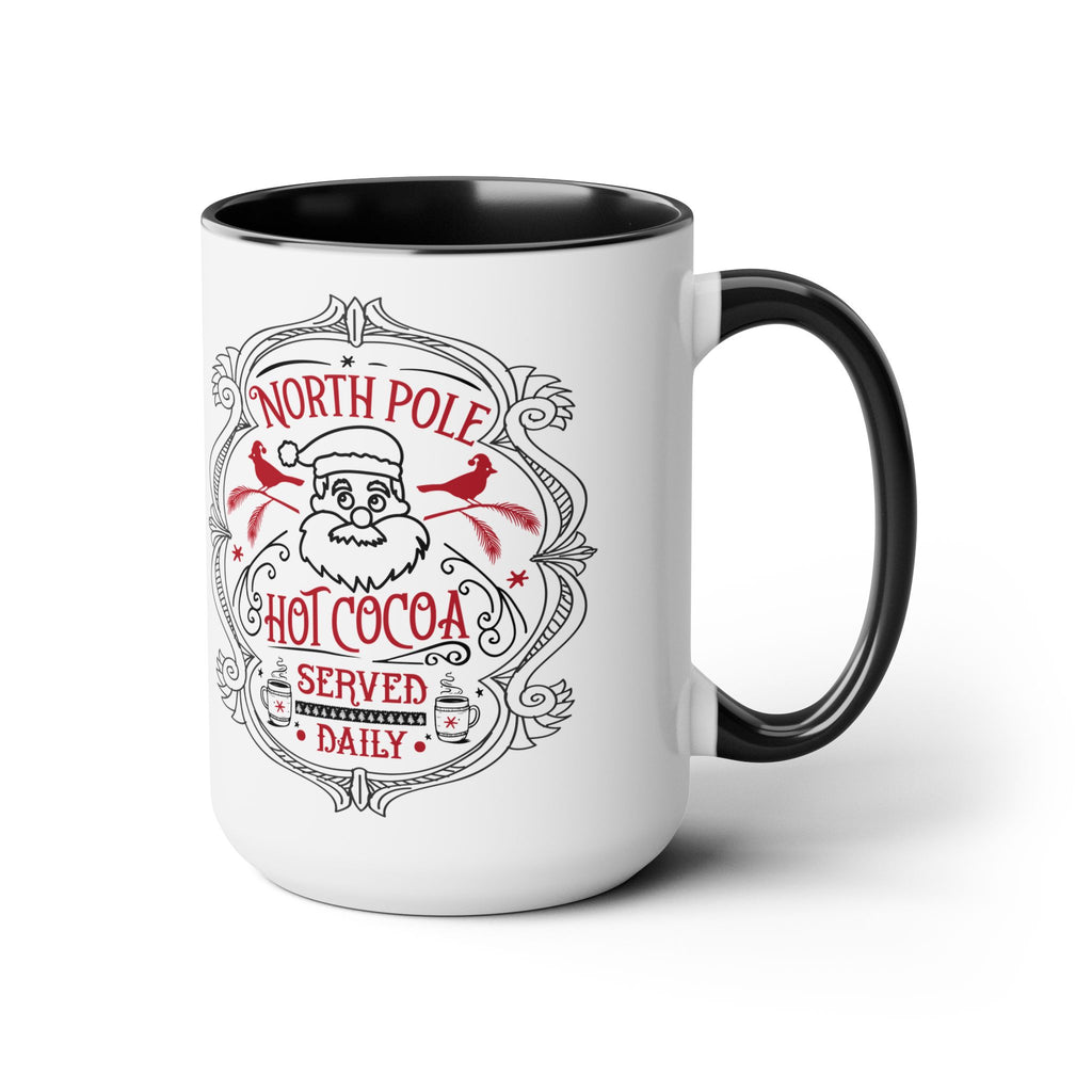 White mug with black interior and handle featuring a Santa Claus design and text on a white background