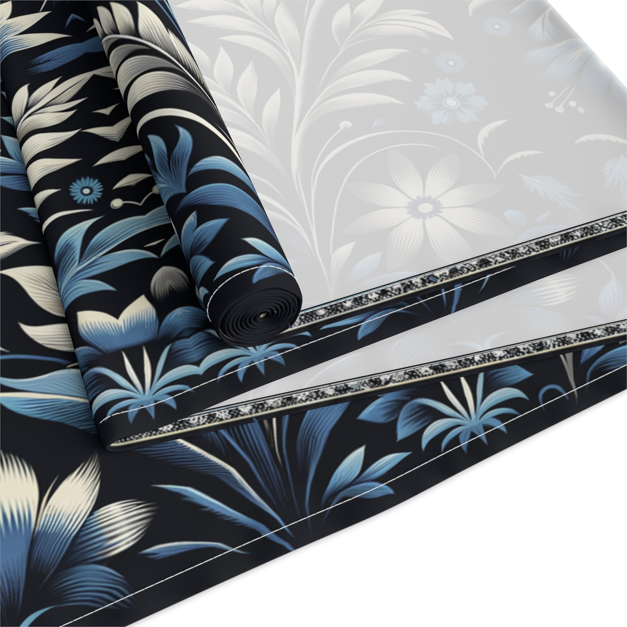 Dark Blue Art Deco Floral Table Runner Decor- Cotton Poly Blend