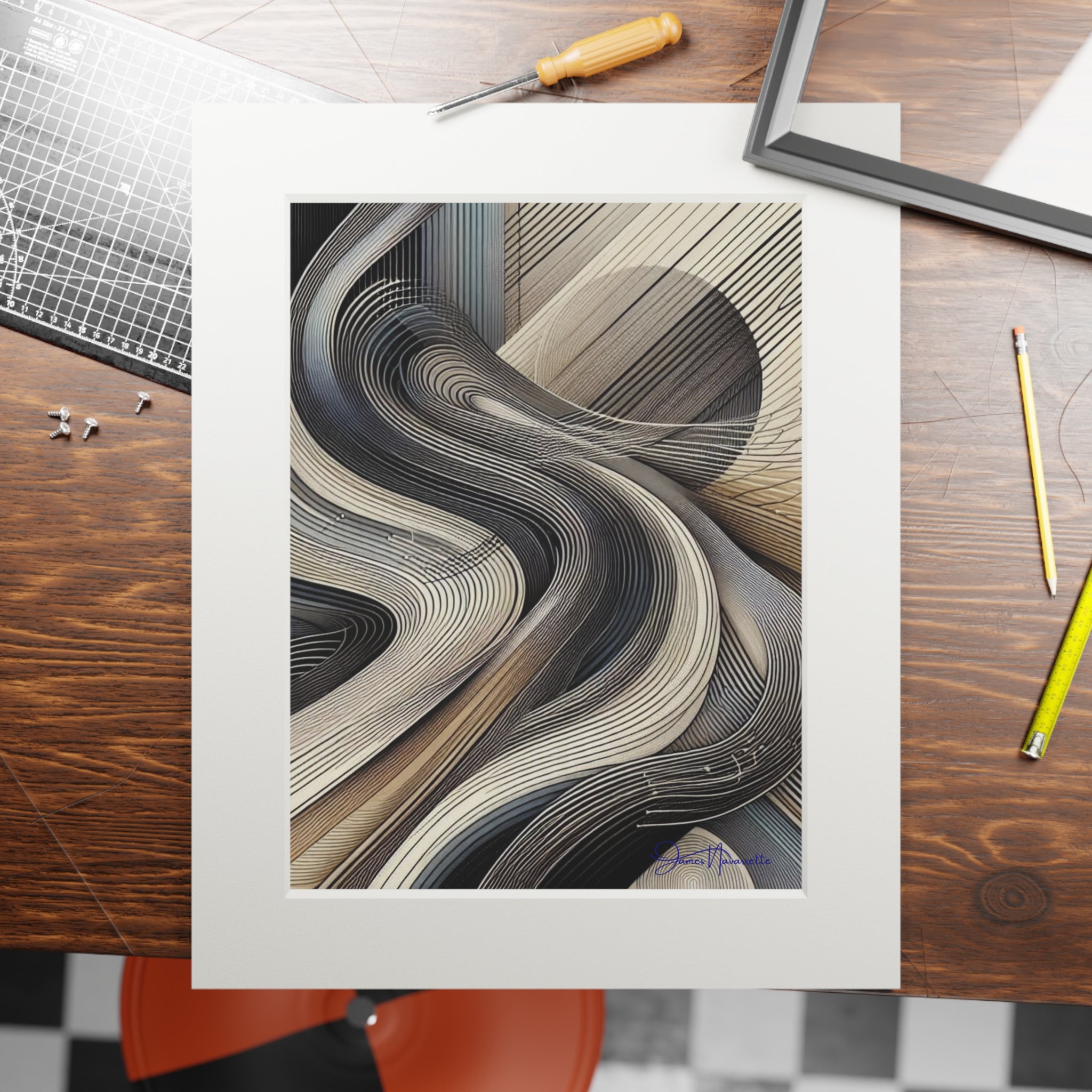 Framed abstract artwork on a wooden table with tools