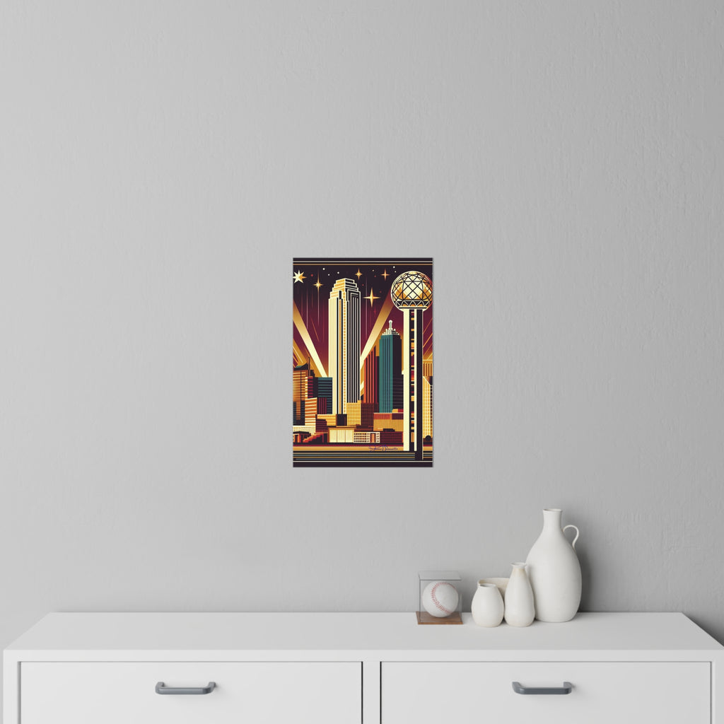 Art deco-style poster on a gray wall above a white cabinet with decorative items.