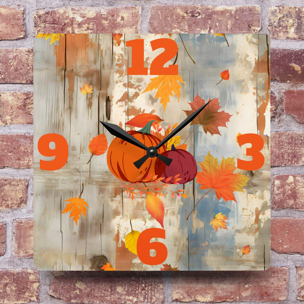 Decorative clock with autumn theme on a brick wall background