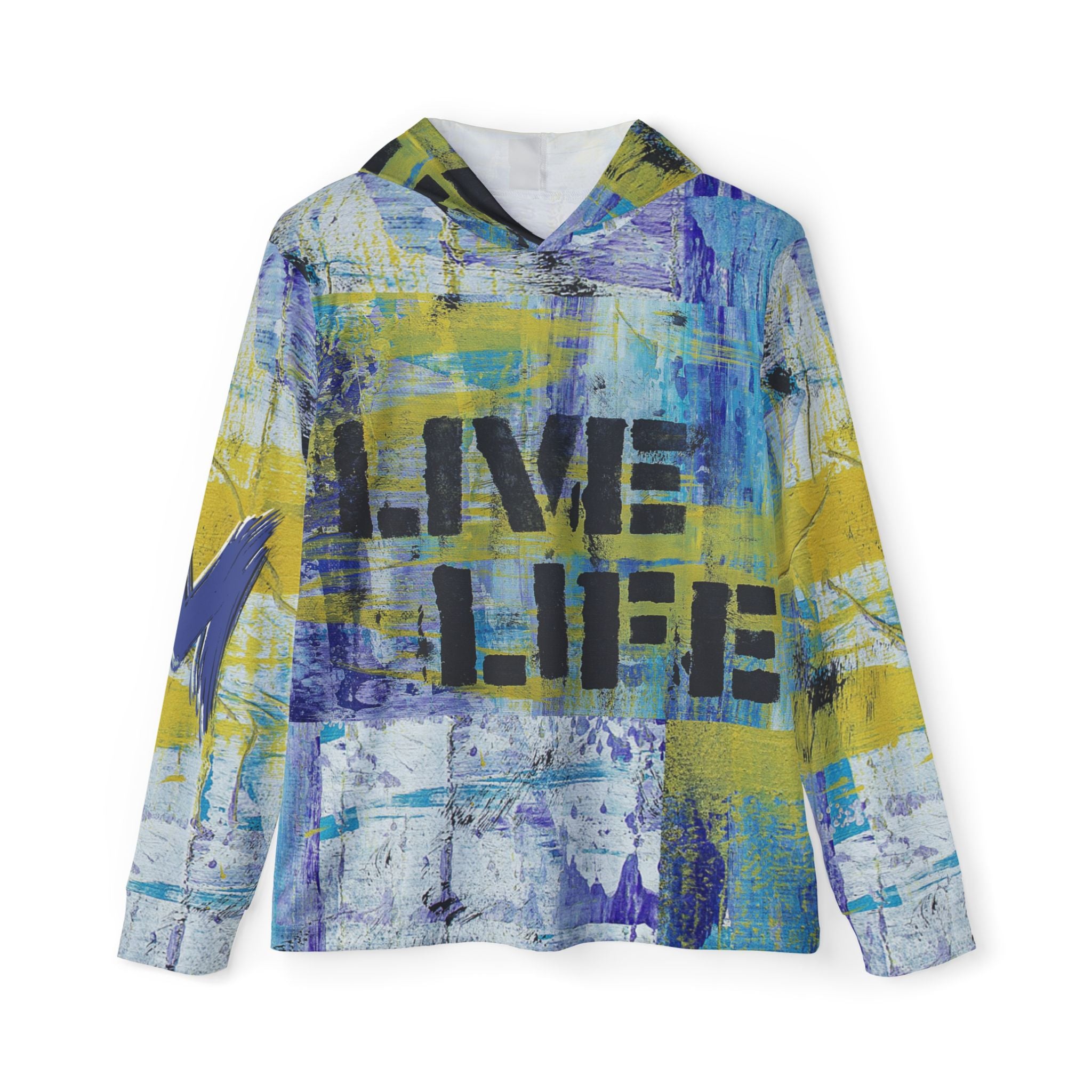 Colorful hoodie with 'LIVE LIFE' text on a white background