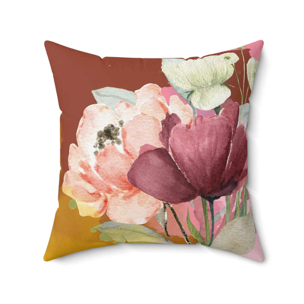 Floral-patterned pillow with pink and purple flowers on a white background