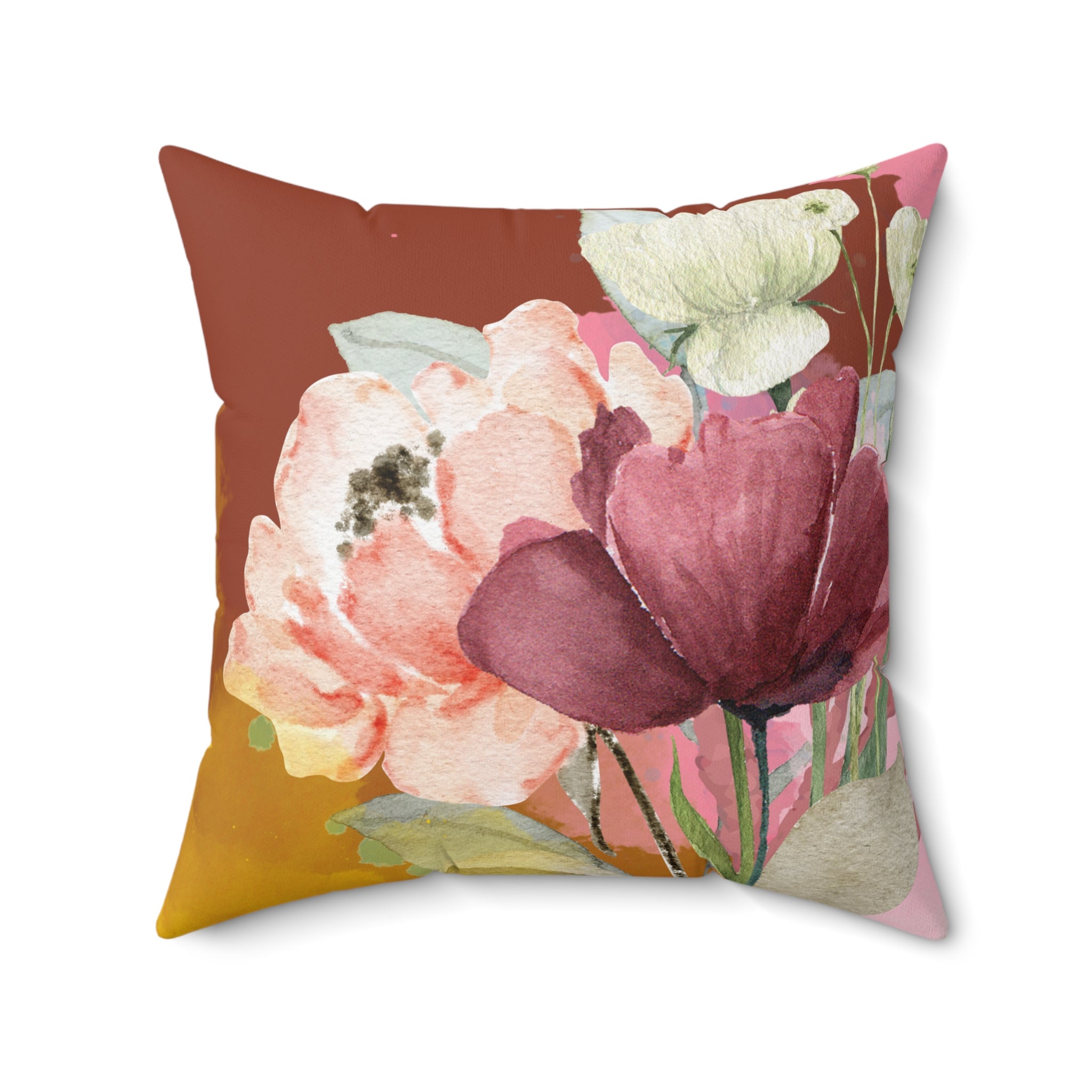 Floral-patterned pillow with pink and purple flowers on a white background