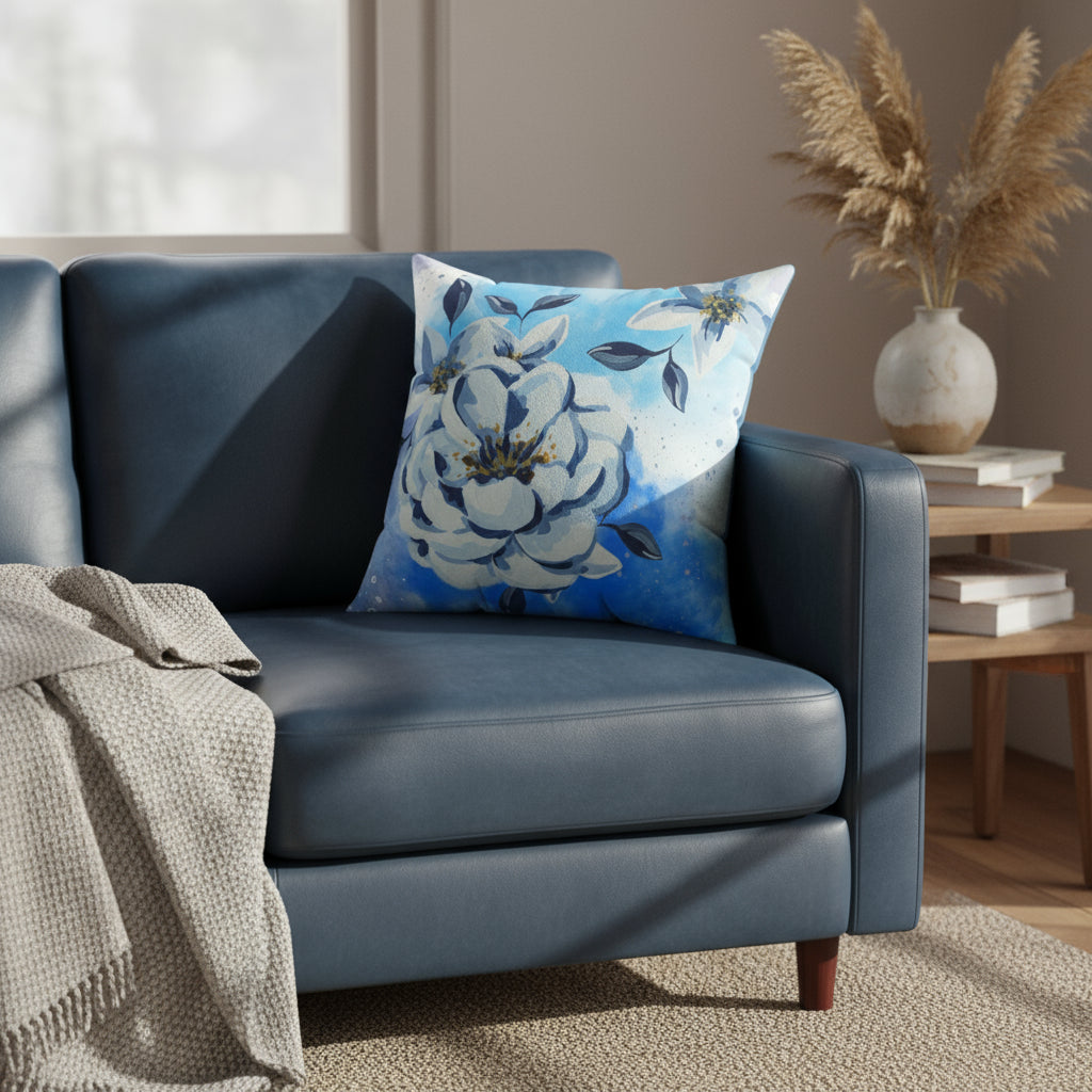 Floral pillow with white flowers on a blue background