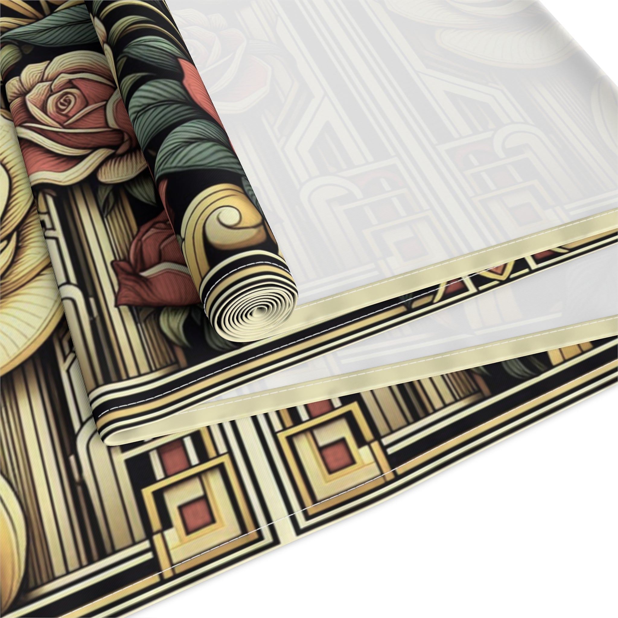 Decorative tablecloth with intricate patterns on a white background