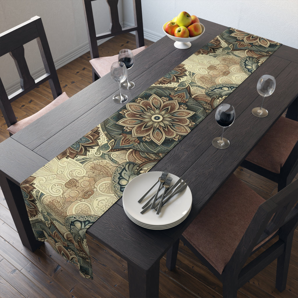 Dining table with a patterned table runner, plates, and glasses in a room.