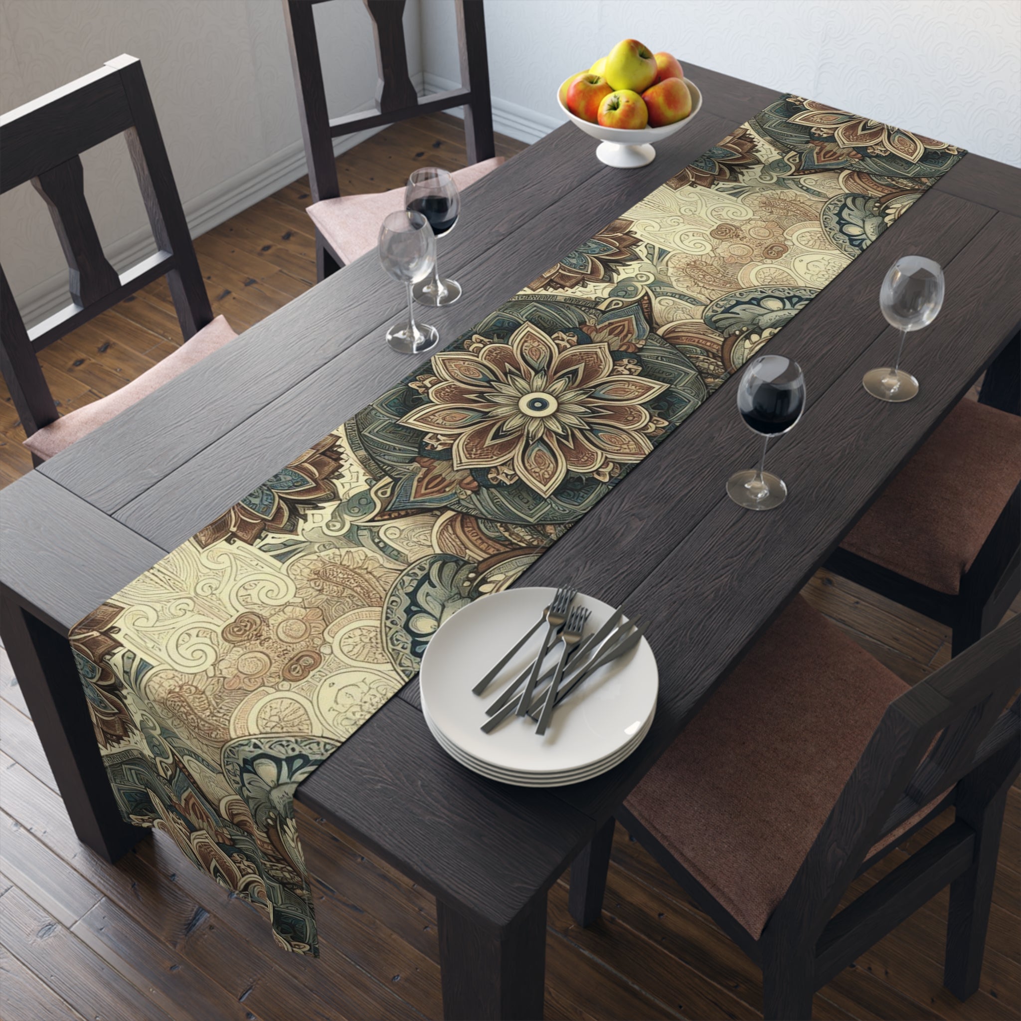Dining table with a patterned table runner, plates, and glasses in a room.