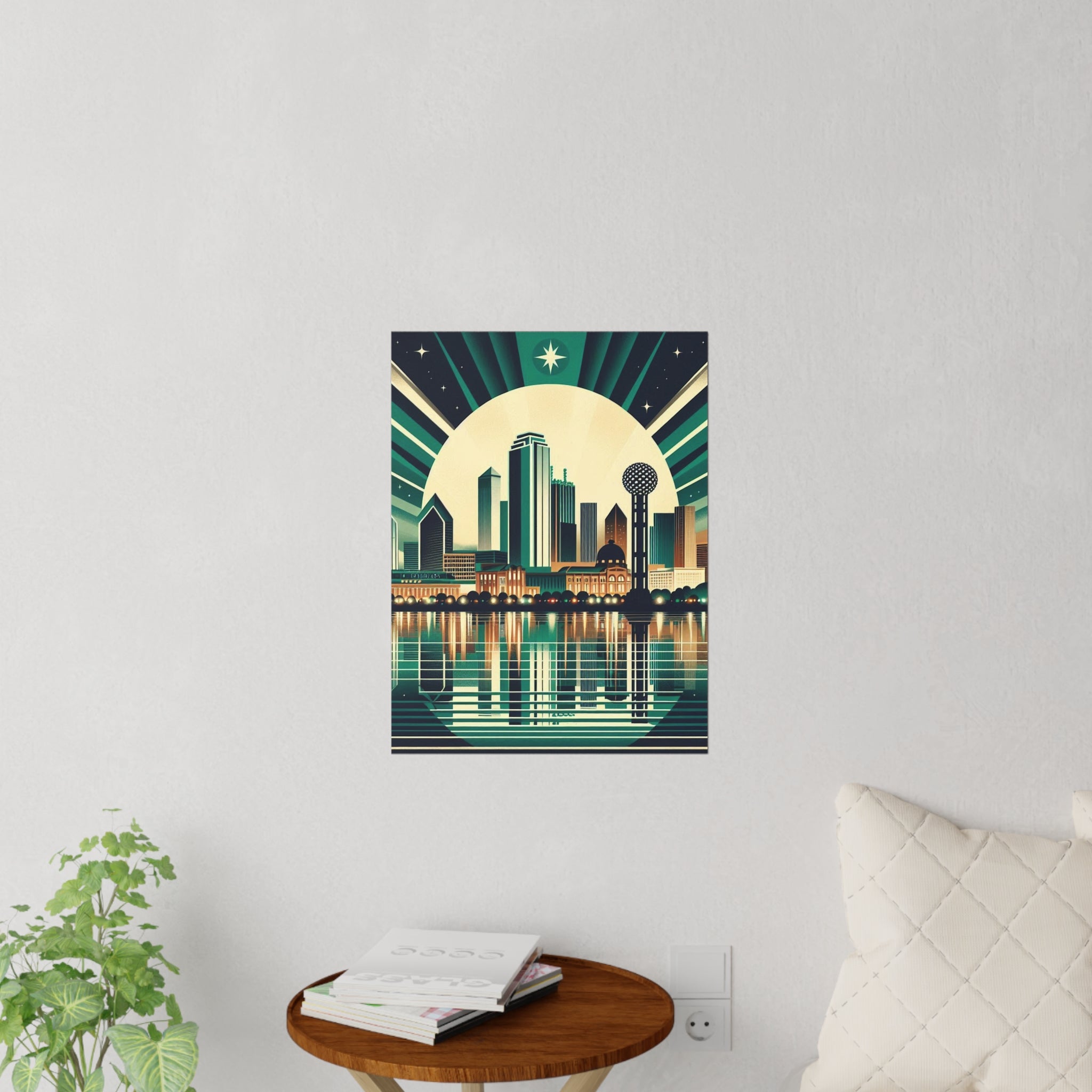 Cityscape artwork on a wall with a plant and table in the foreground