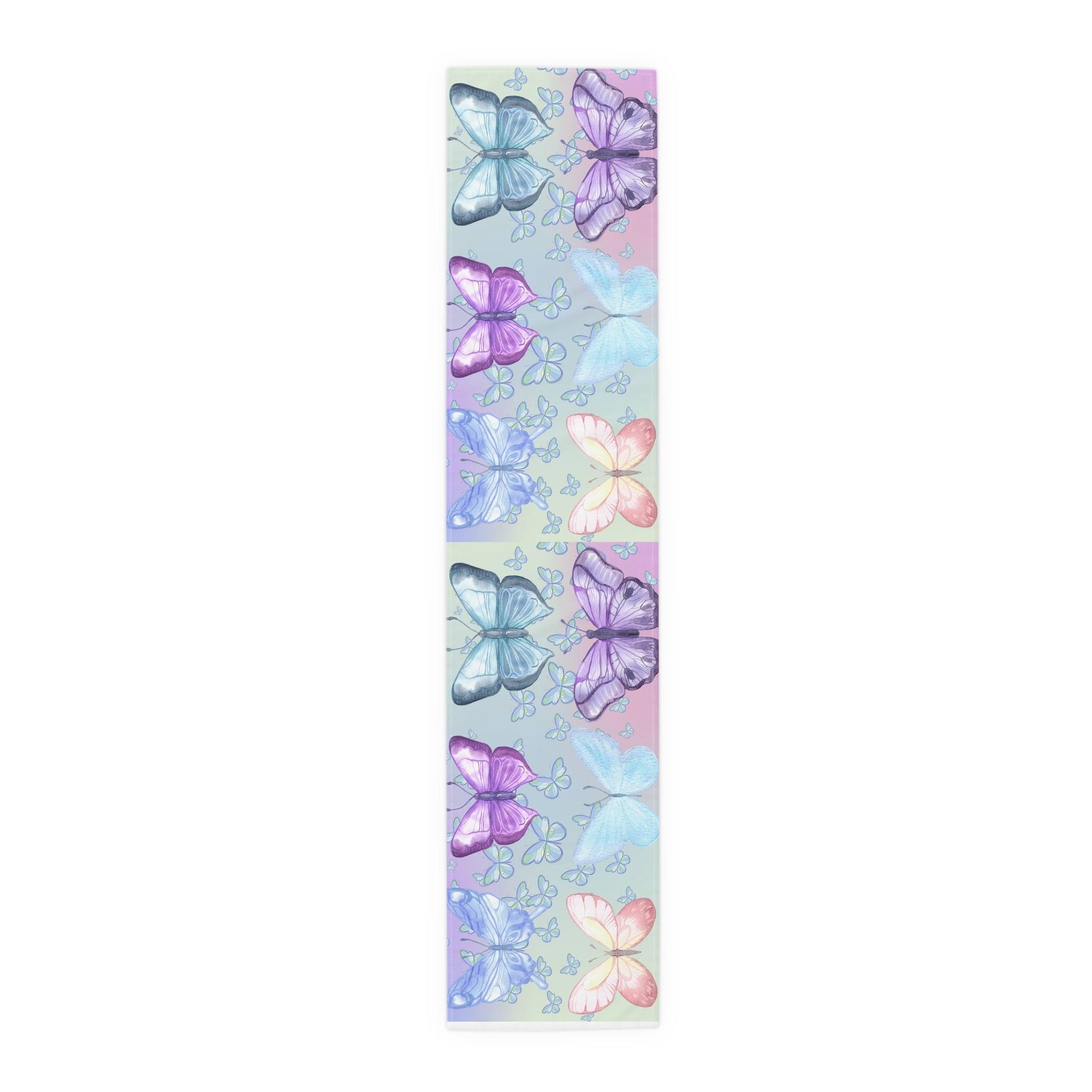 Yoga mat with colorful butterfly design on a white background