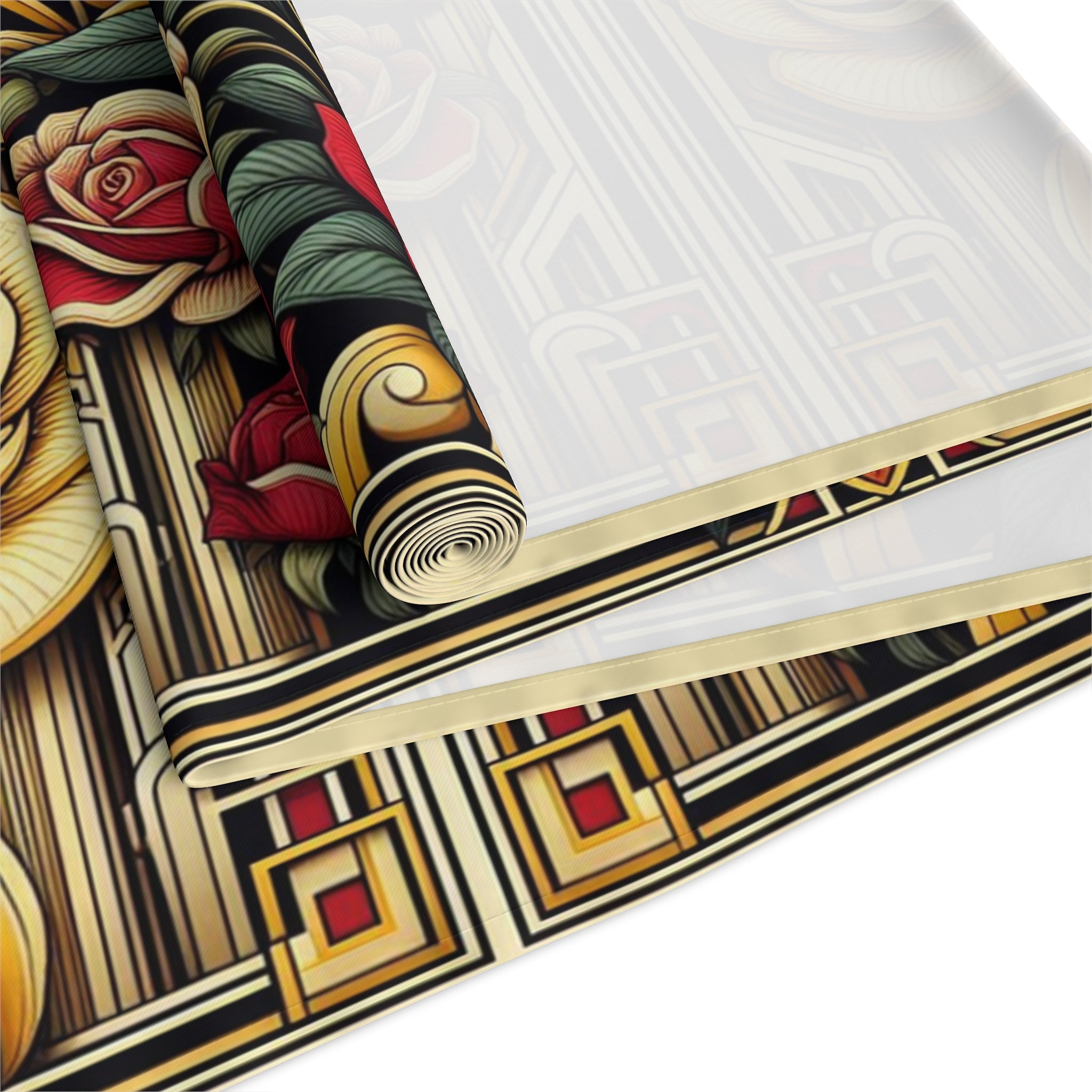Decorative fabric with intricate patterns on a white background