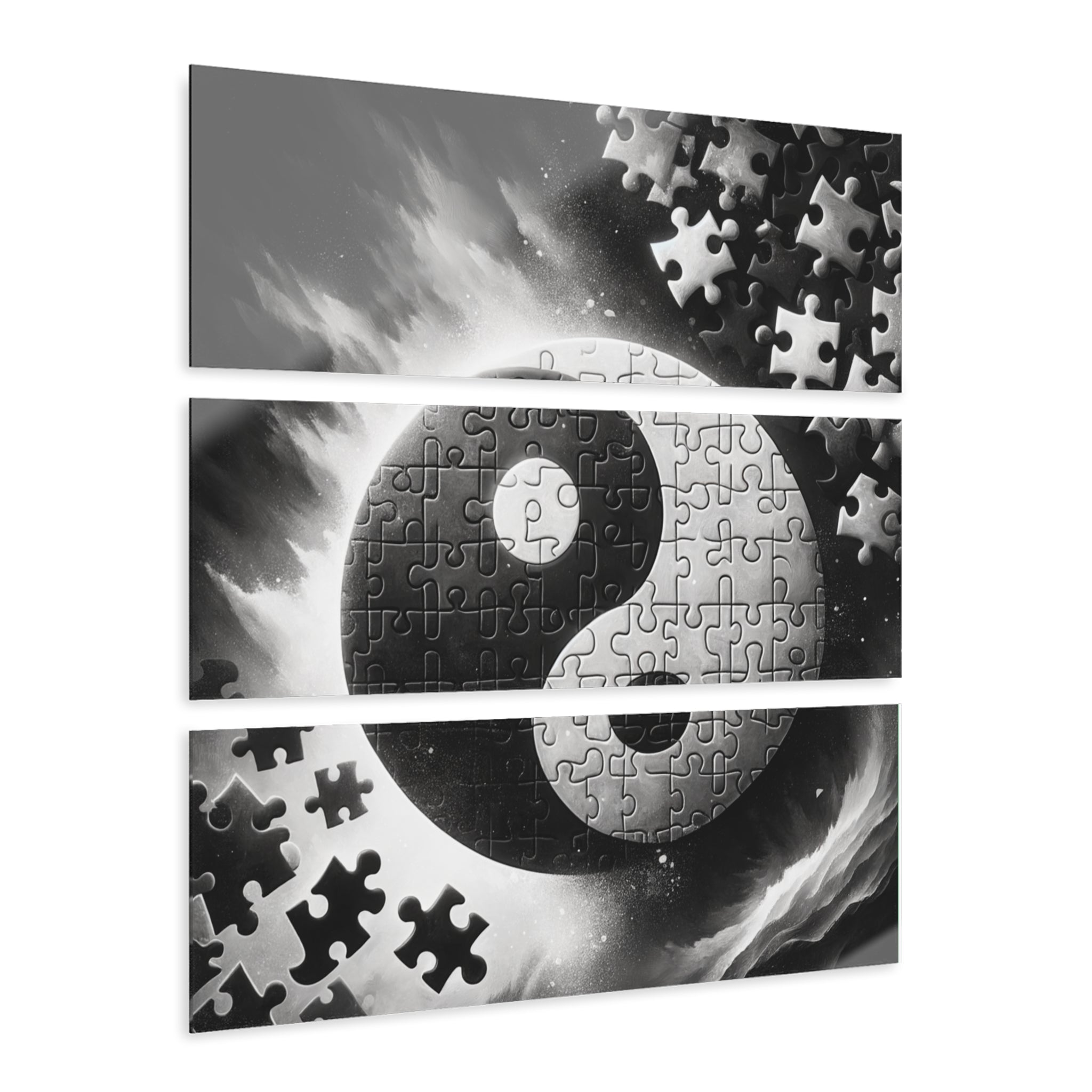 Black and White Yin and Yang Jigsaw Triptych Wall Art