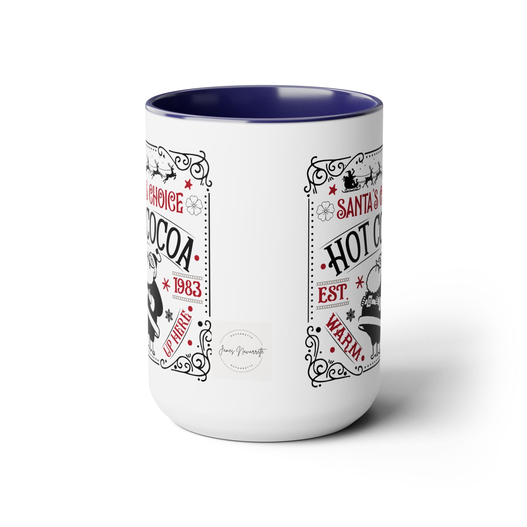 White mug with blue interior and festive text design on a white background