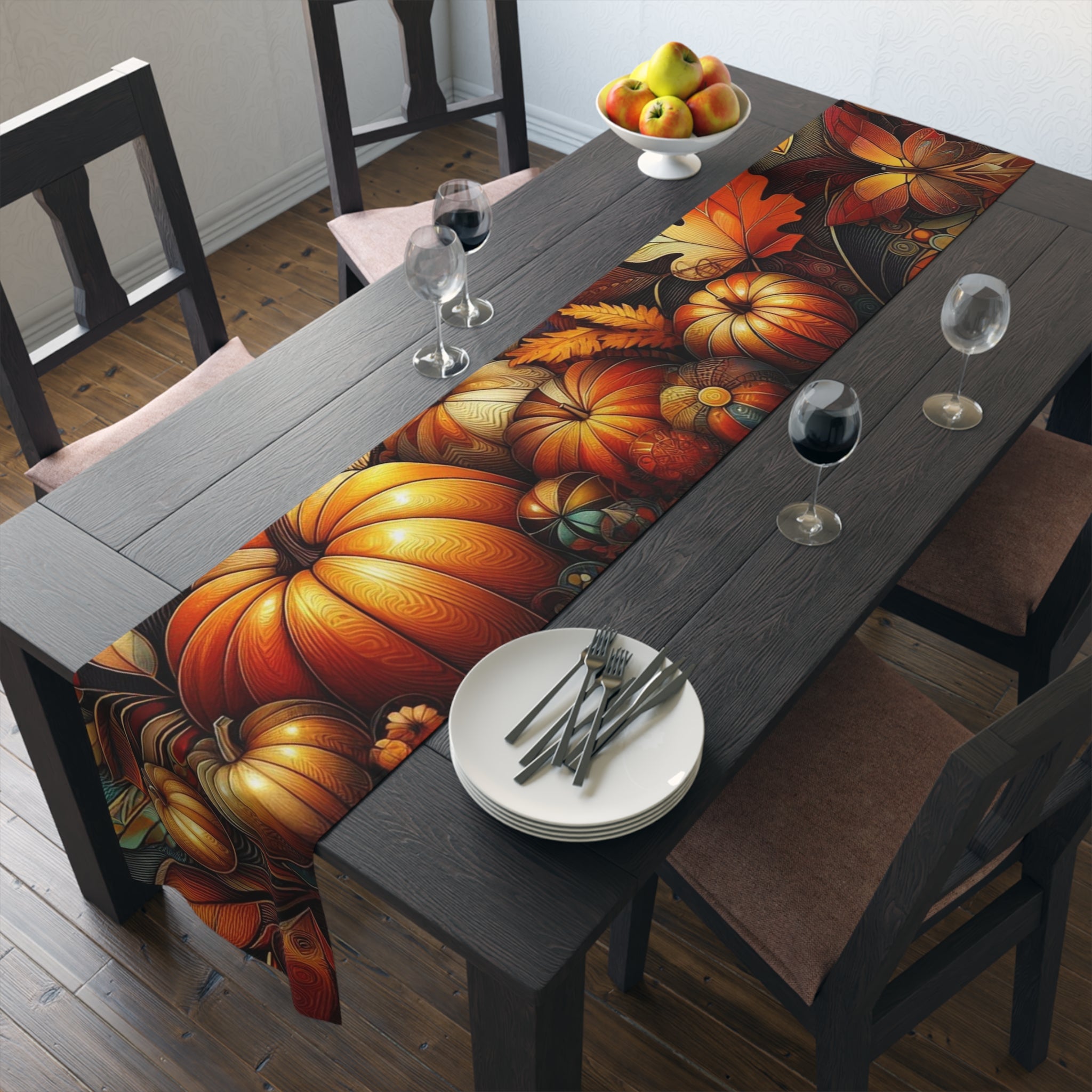 Dining table with a colorful pumpkin-themed table runner, plates, and glasses.