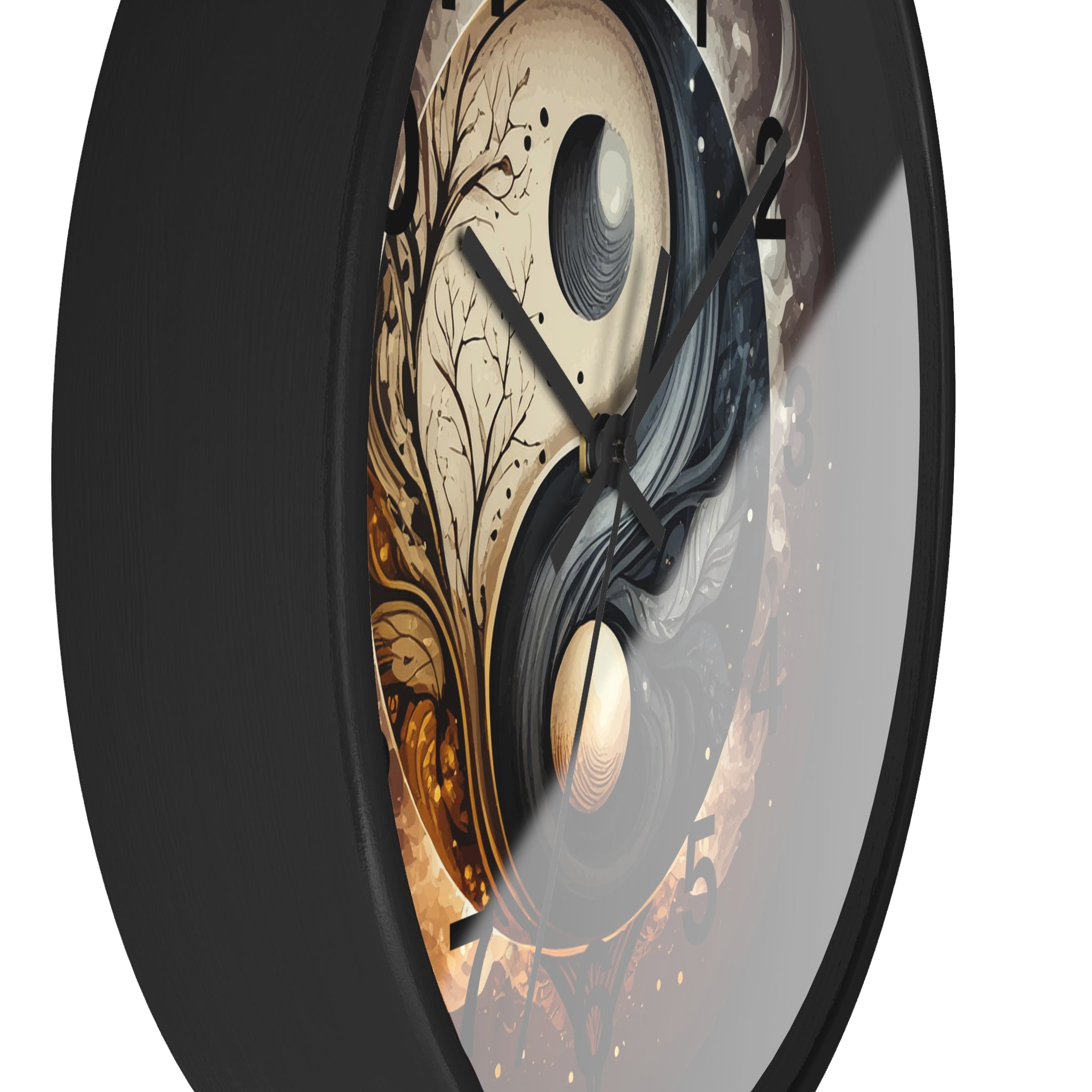 Decorative wall clock with artistic design on a black background