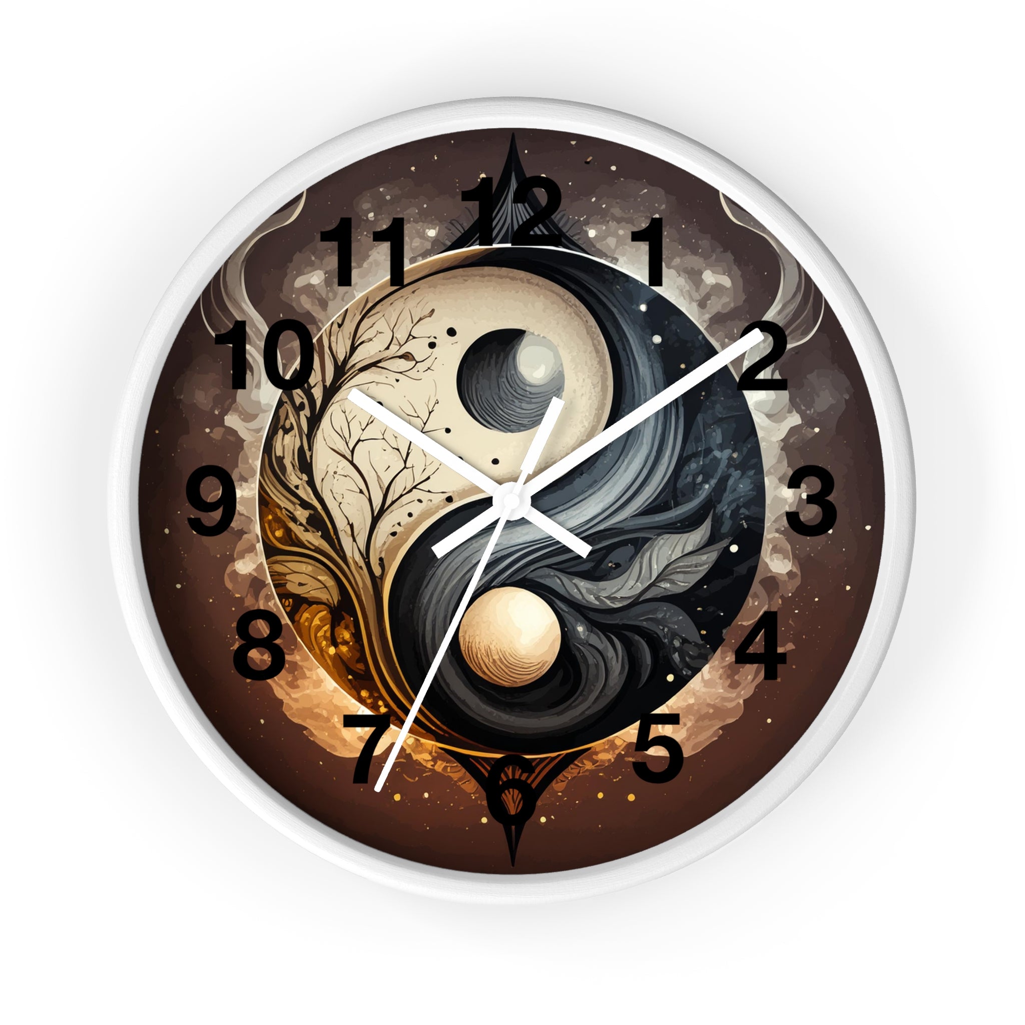 Decorative wall clock with yin yang design on a white background