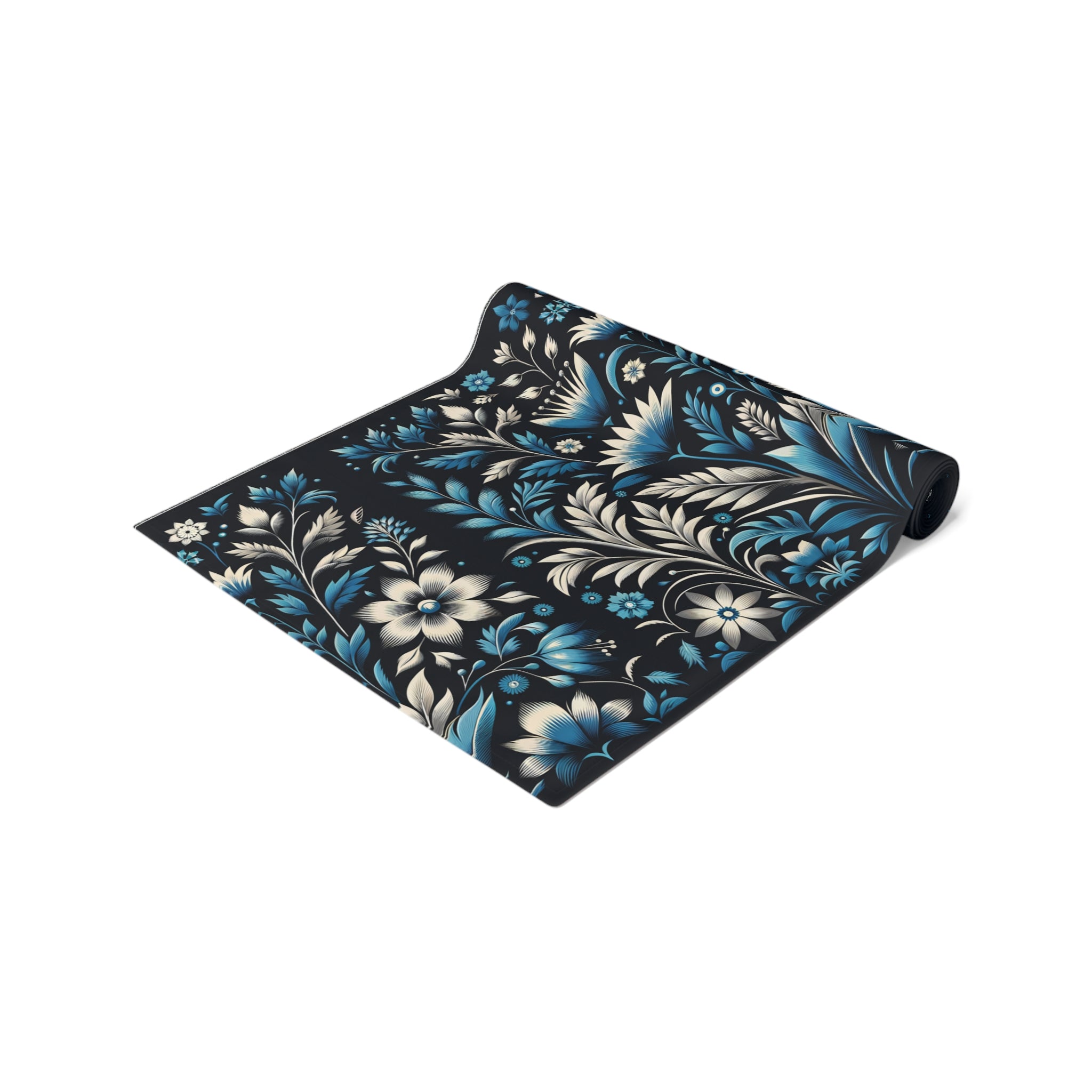 Dark Blue Art Deco Floral Table Runner Decor- Cotton Poly Blend