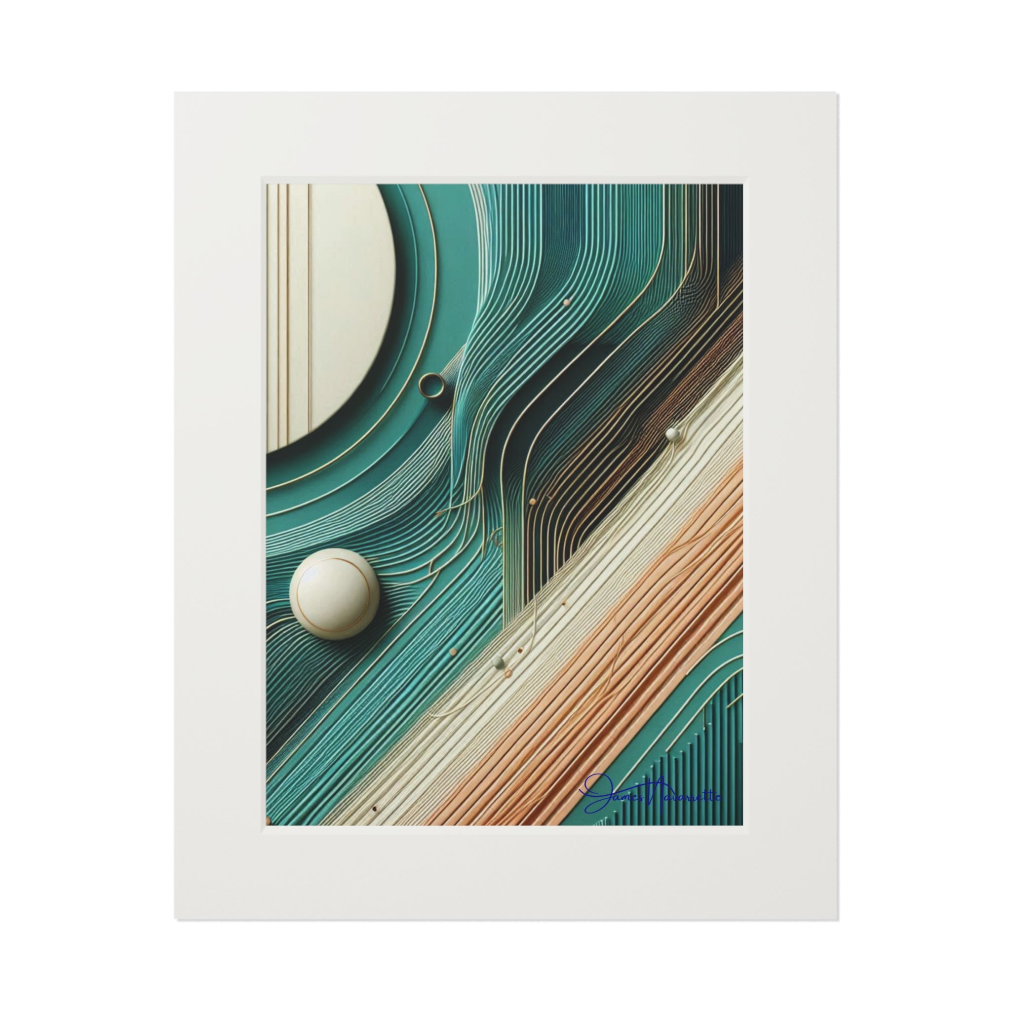 Framed abstract art with wavy lines in teal, beige, and brown on a white background