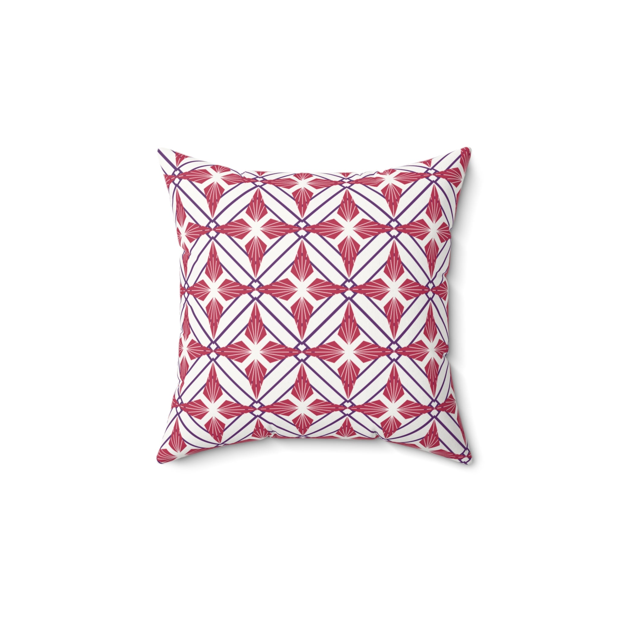 Decorative pillow with red and white geometric pattern on a white background