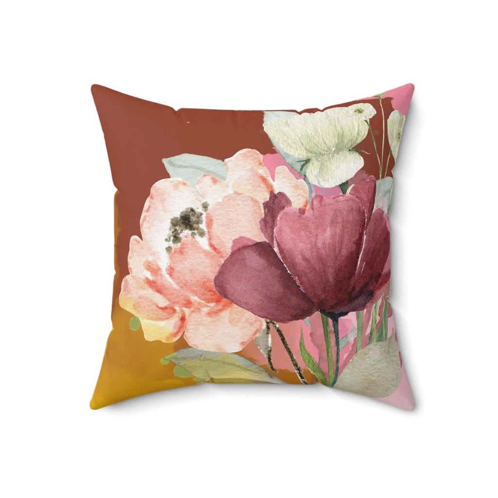 Floral-patterned pillow with pink and purple flowers on a brown background