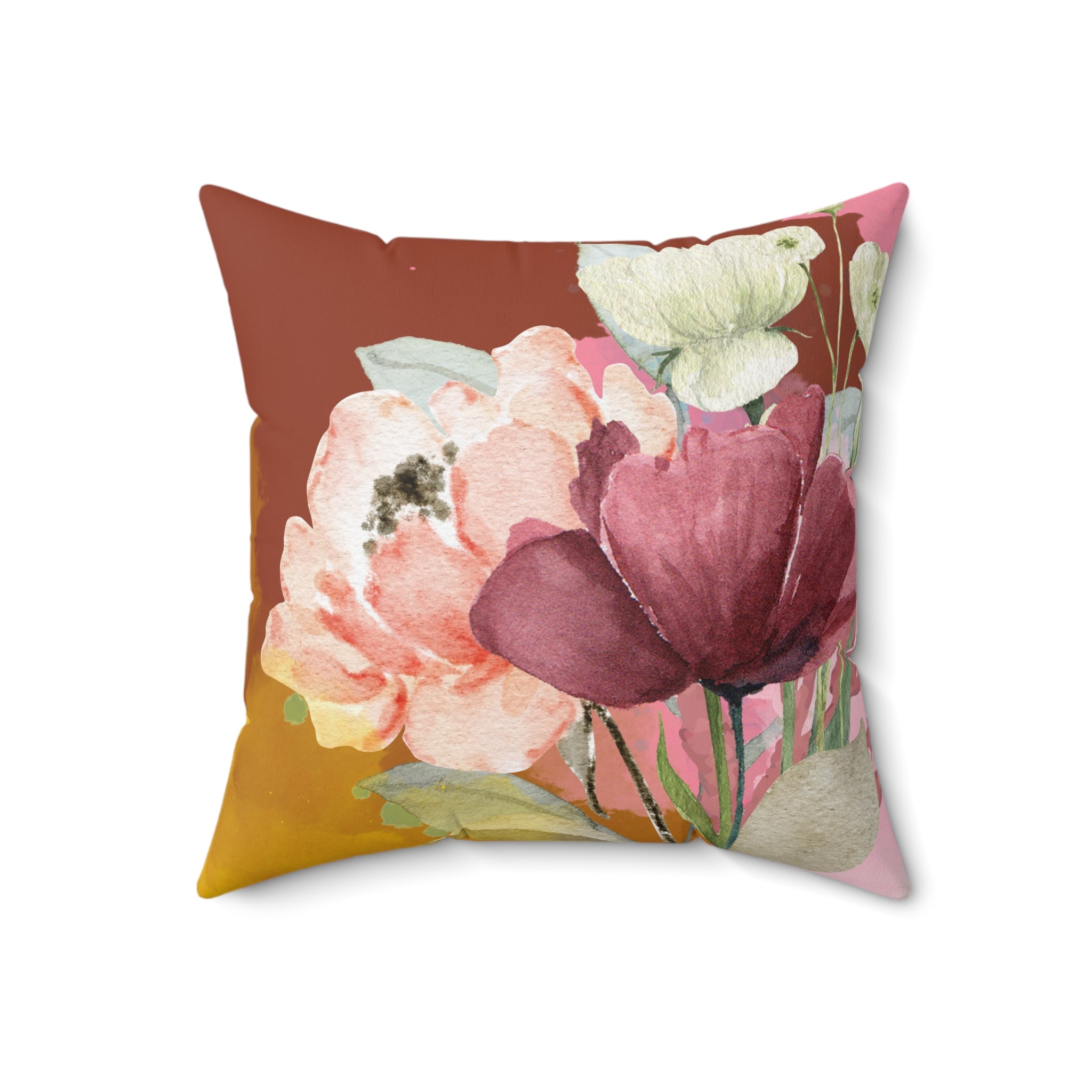 Floral-patterned pillow with pink and purple flowers on a brown background