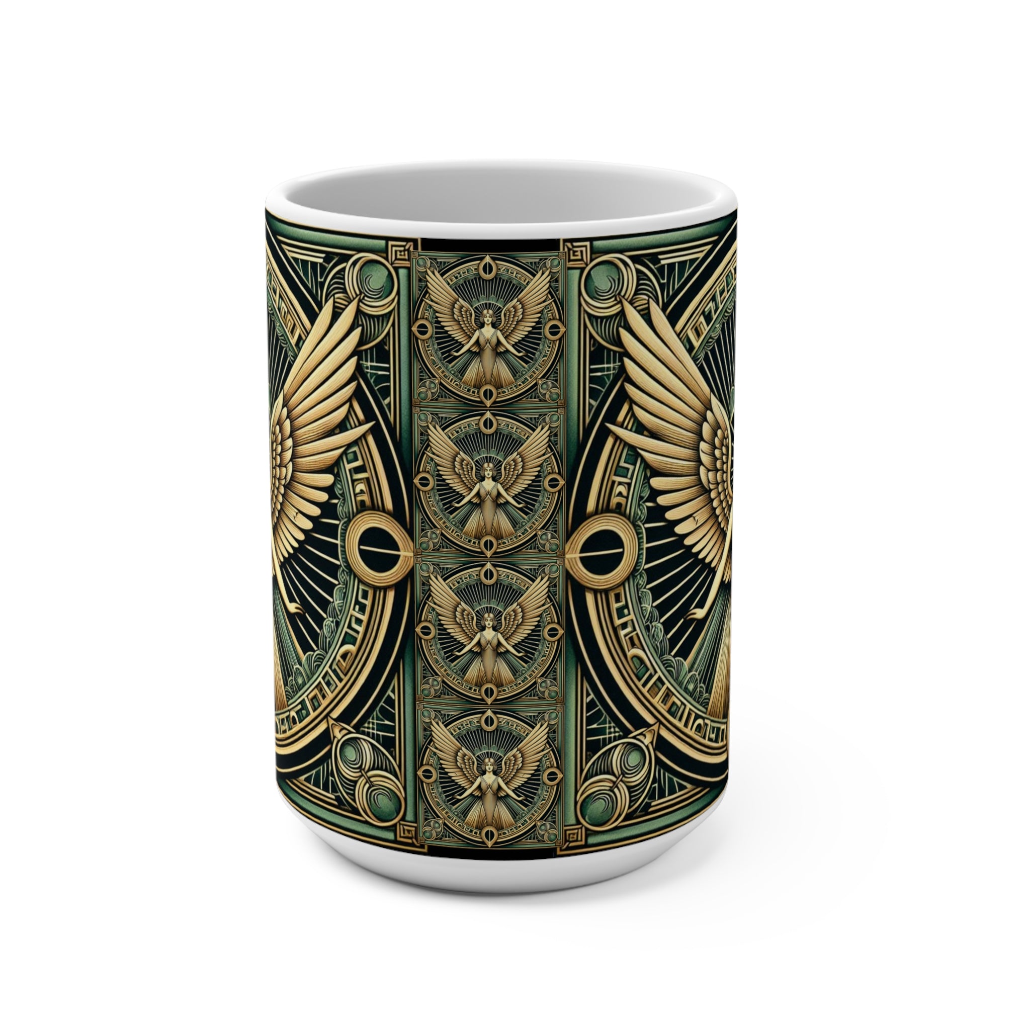 Decorative mug with intricate gold and green design on a white background