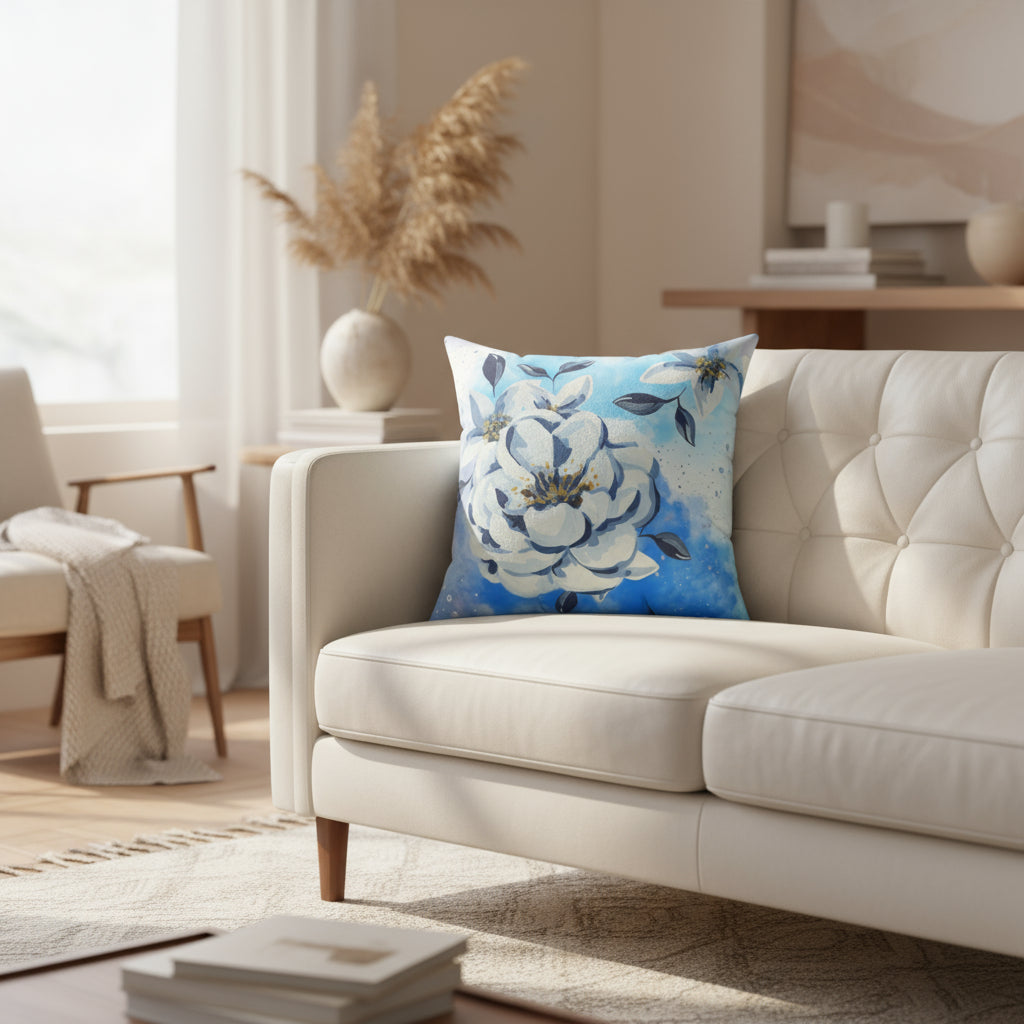 Floral pillow with white flowers and blue leaves on a light blue background