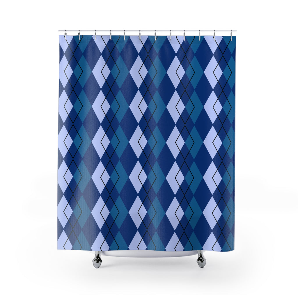 Shower curtain with blue and purple argyle pattern on a white background