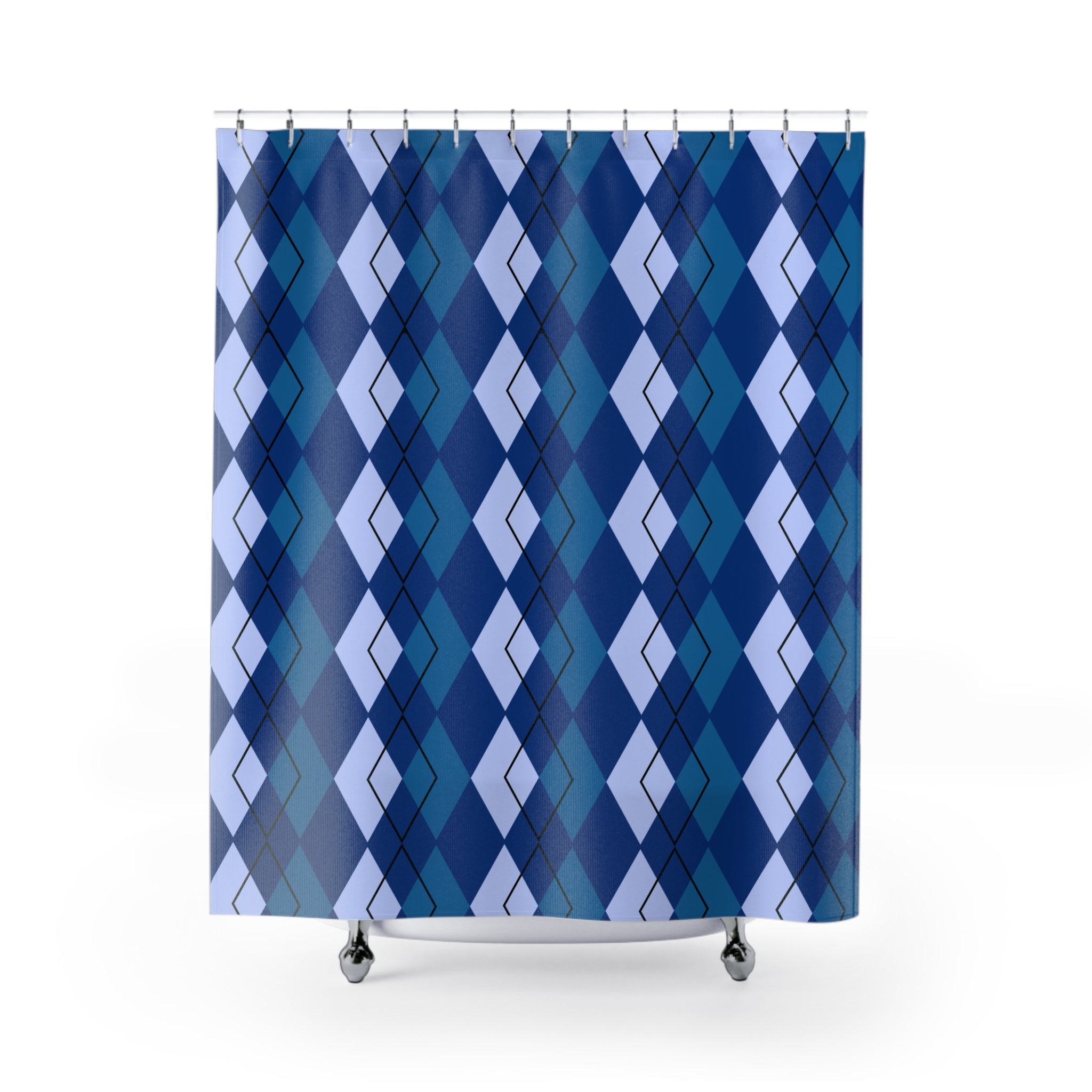 Shower curtain with blue and purple argyle pattern on a white background
