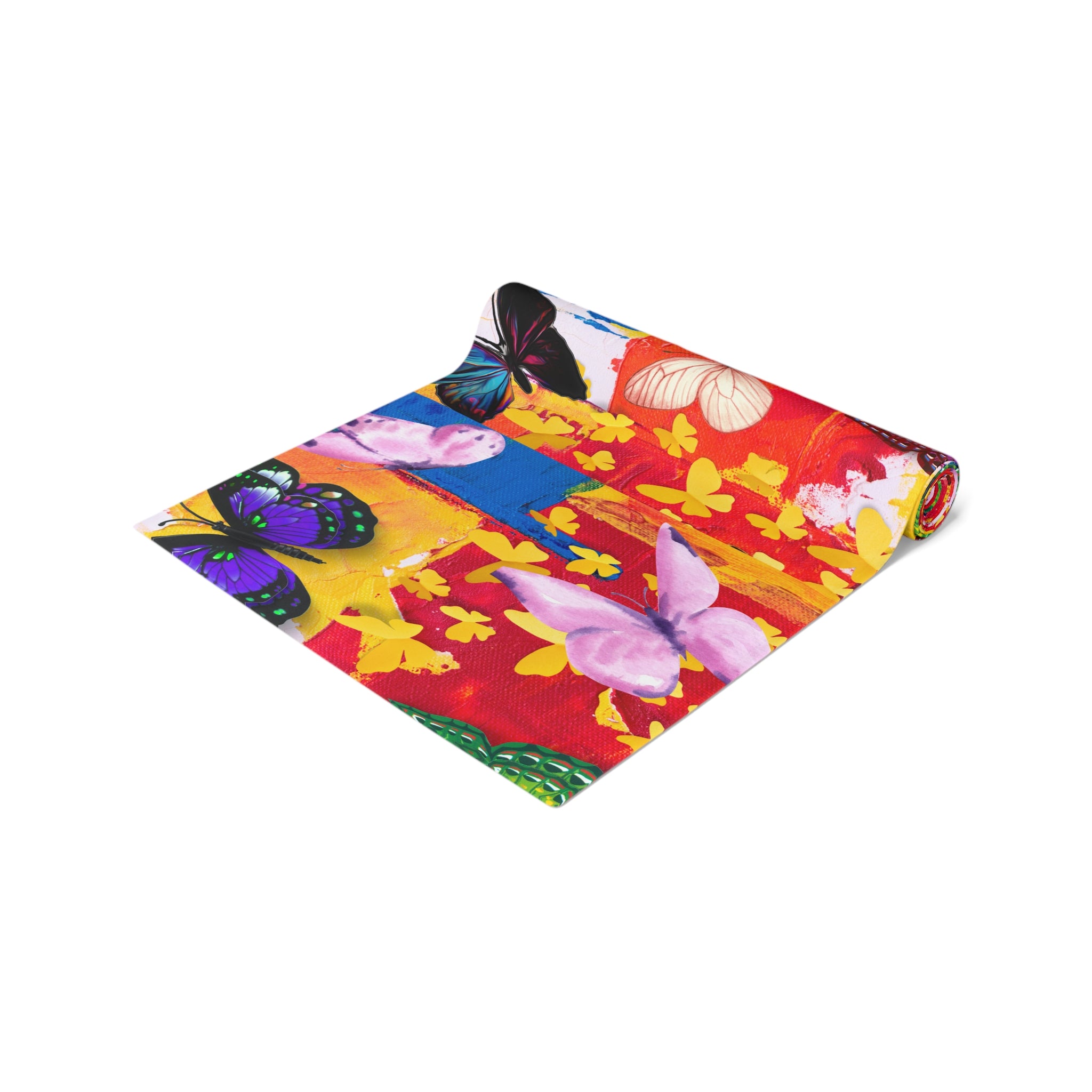 Colorful yoga mat with butterfly design on a white background