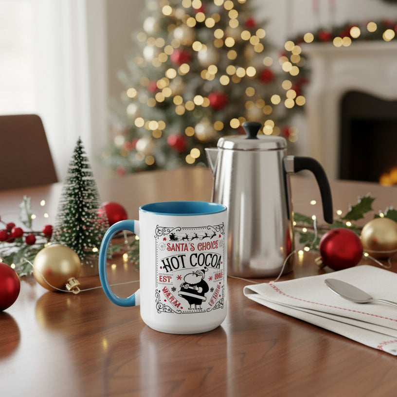 White mug with blue handle and festive design on a table with Christmas decorations.