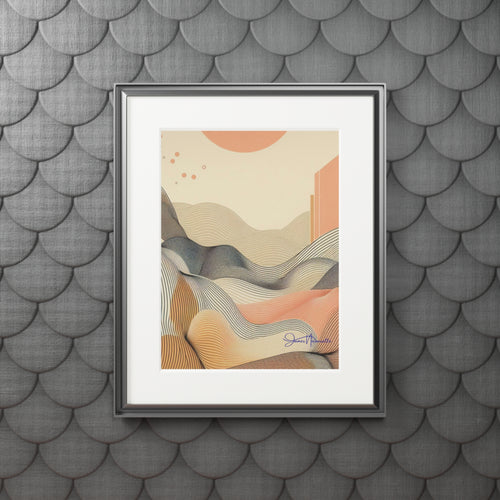 Framed abstract art print on a textured gray wall