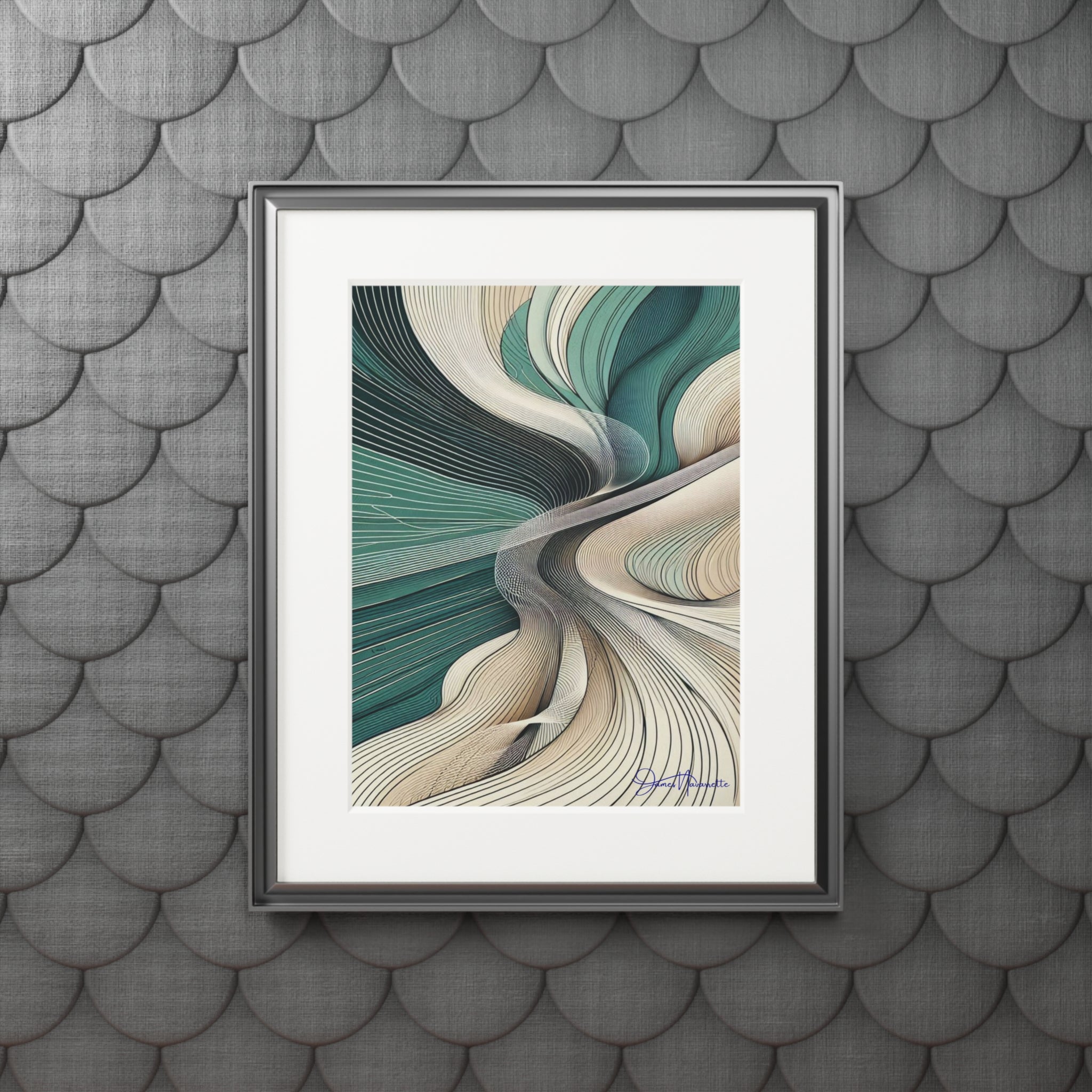 Framed abstract art print on a textured gray wall