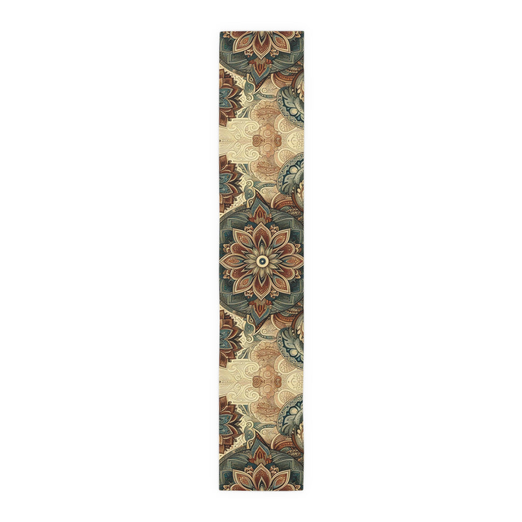 Decorative runner rug with floral patterns on a white background