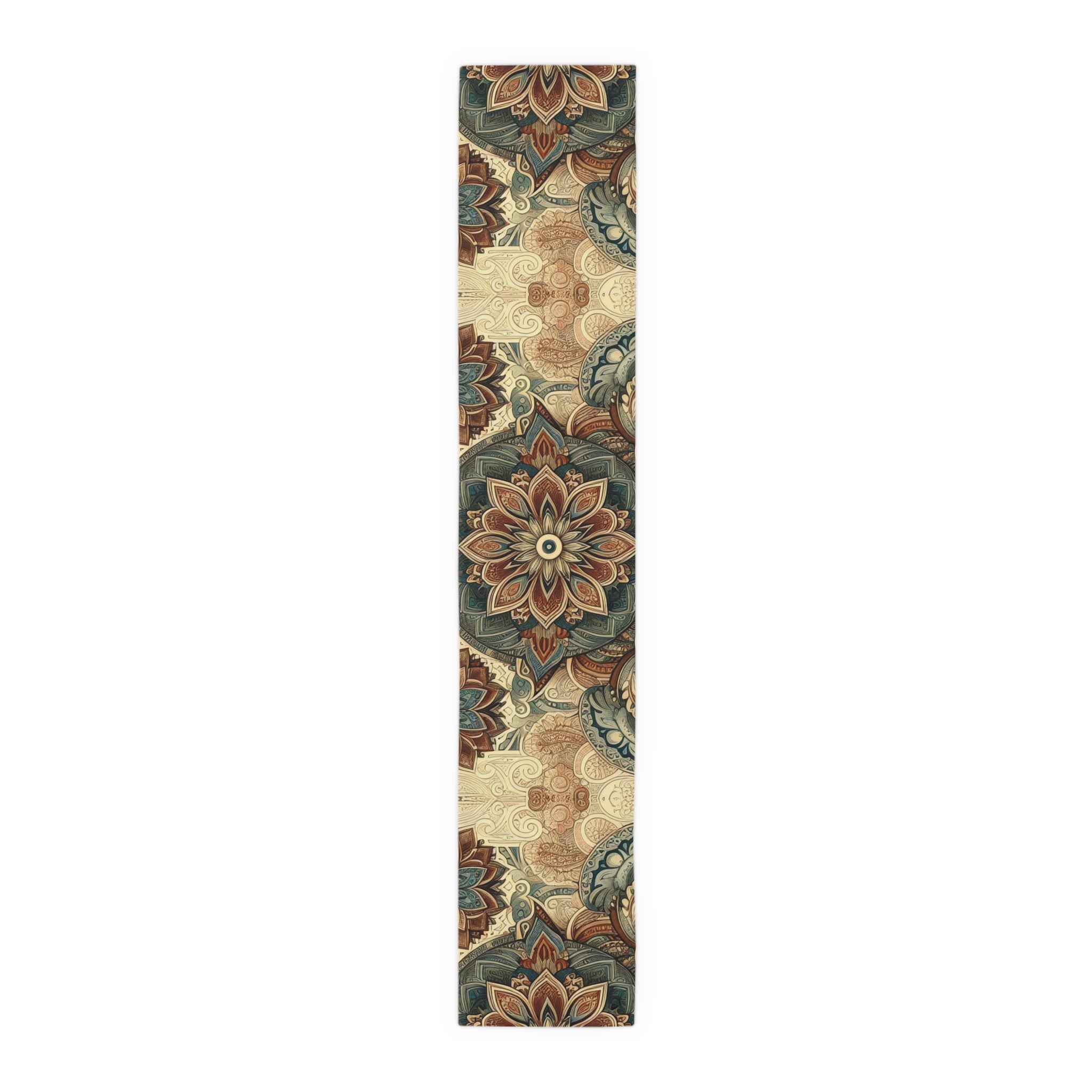 Decorative runner rug with floral patterns on a white background