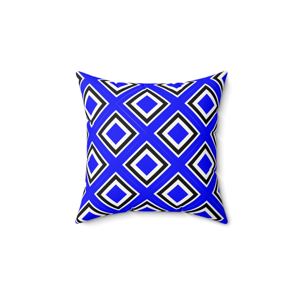 Decorative pillow with blue and black geometric pattern on a white background