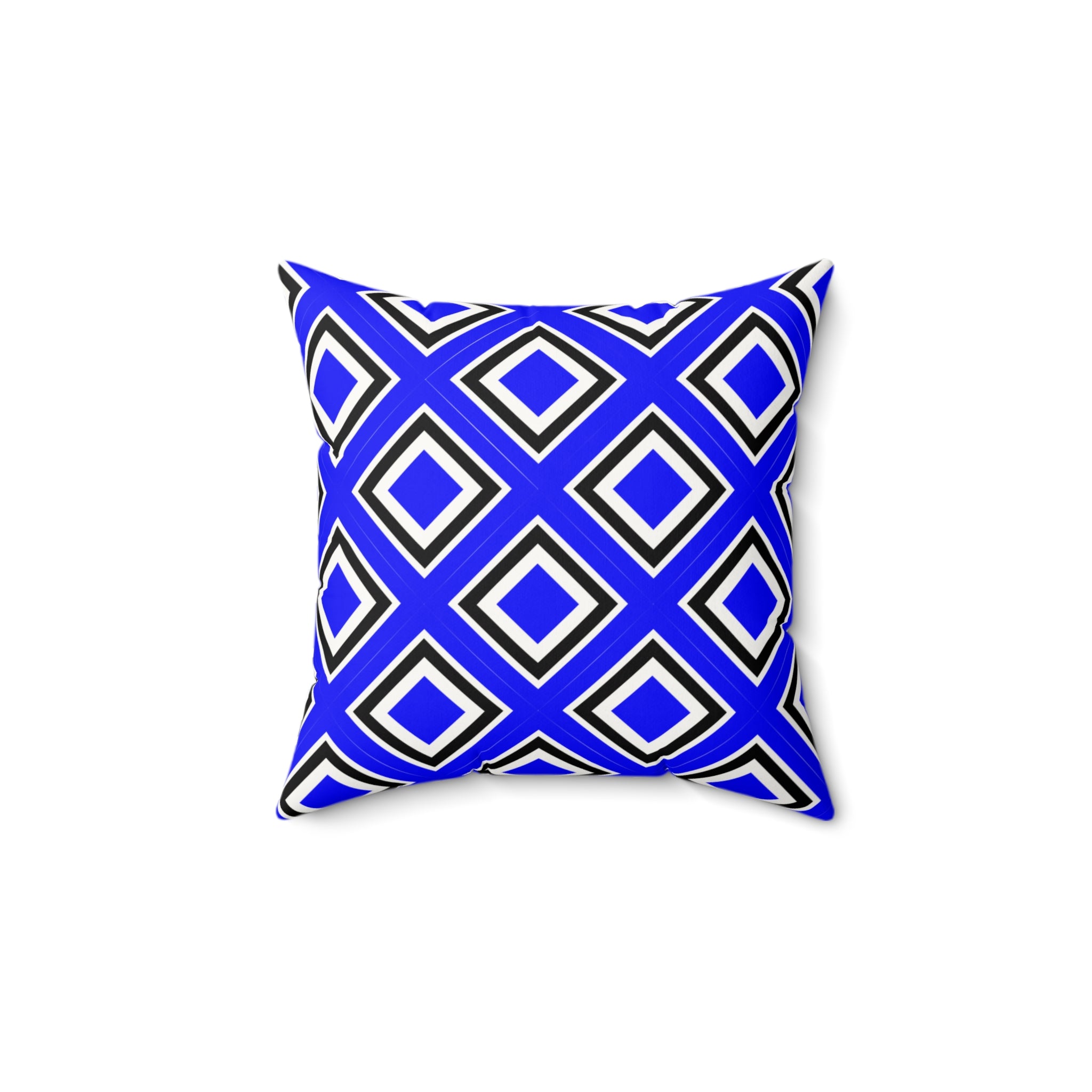 Decorative pillow with blue and black geometric pattern on a white background
